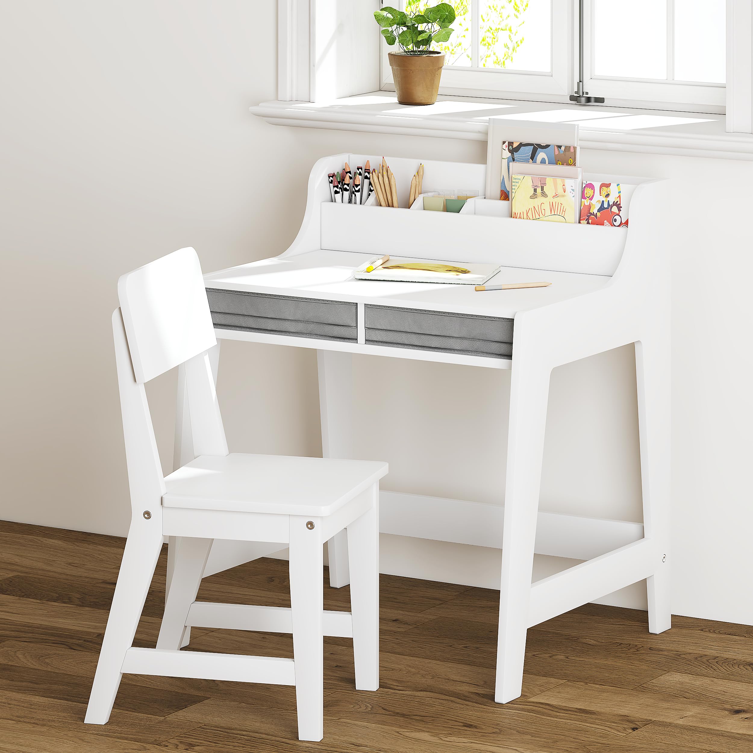 UTEX Kids Desk and Chair Set, Study Desk for Kids with Storage Bins, Wooden Children Study Table, Student Writing Desk for Bedro