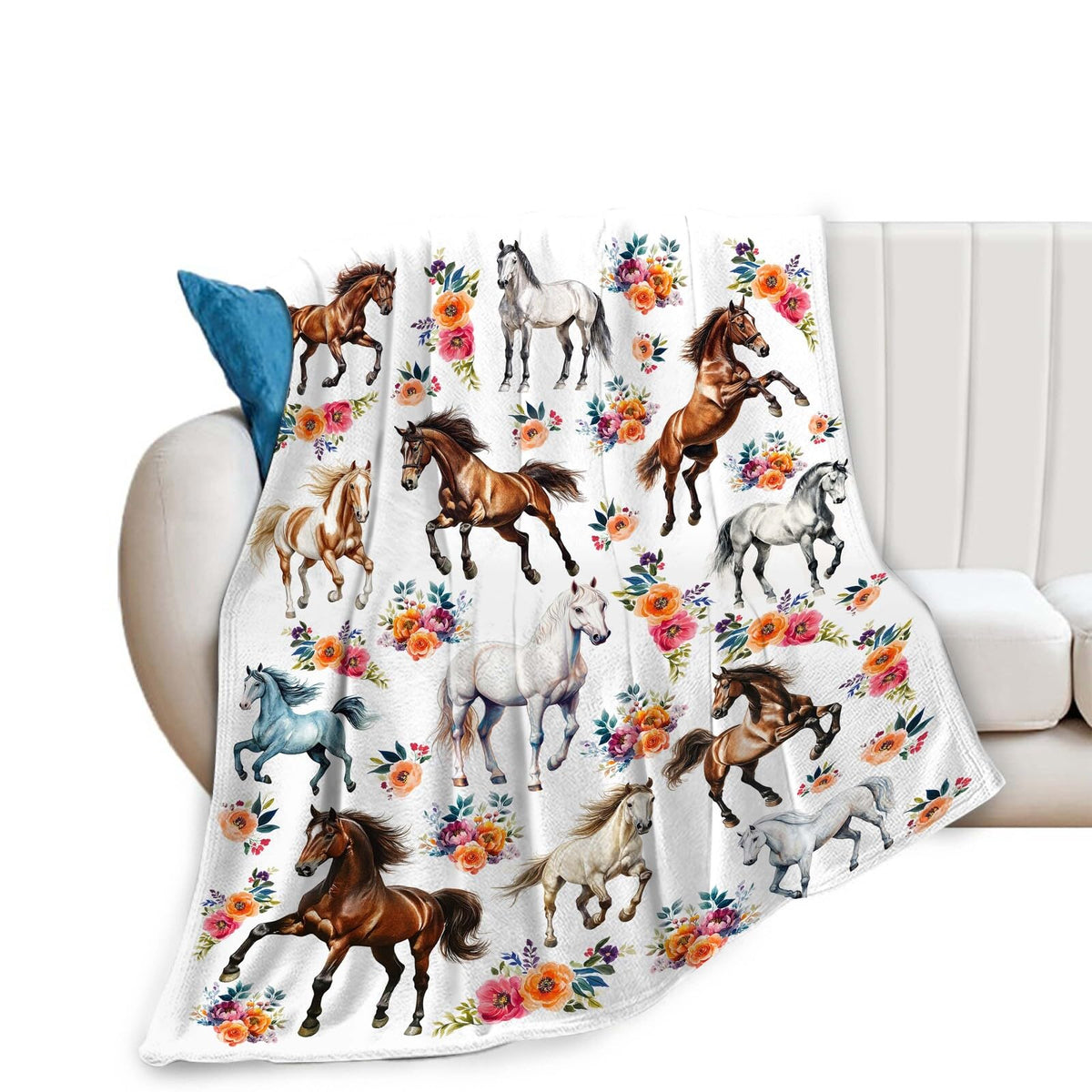 Horse Blanket Horse Flower White Throw Blanket Horse Gifts For Girls Women Men Boys Kids Adults Super Soft Cozy Plush Fluffy Fuz