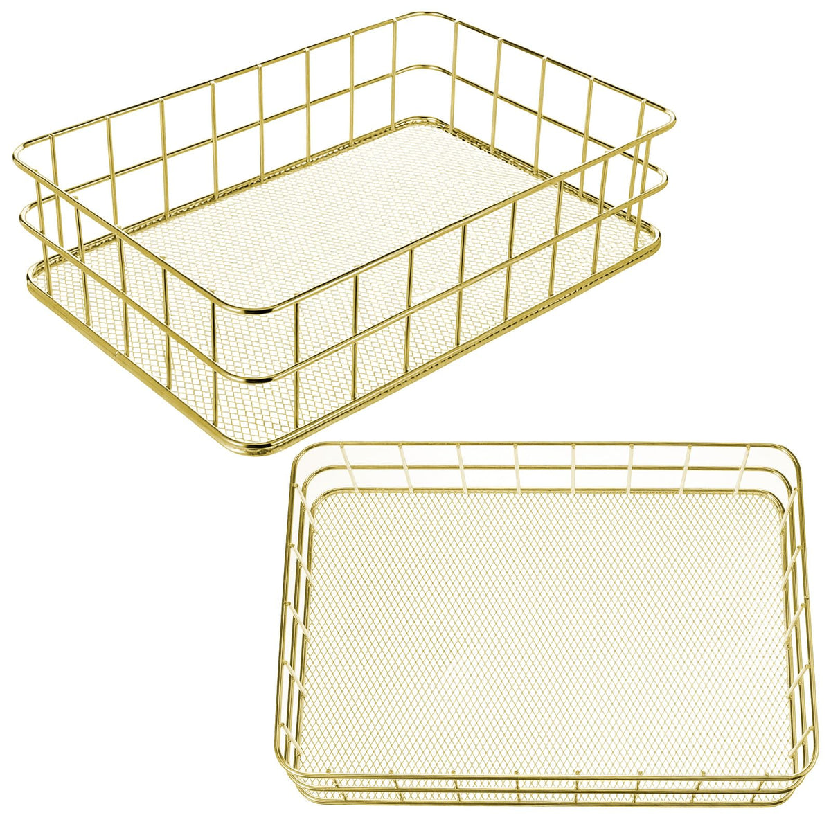 Afcabakila 2 Pack Gold Metal Storage Baskets, Organizer Wire Mesh Desktop Decor Trays for Home, Office, Bathroom, Kitchen, Farmh
