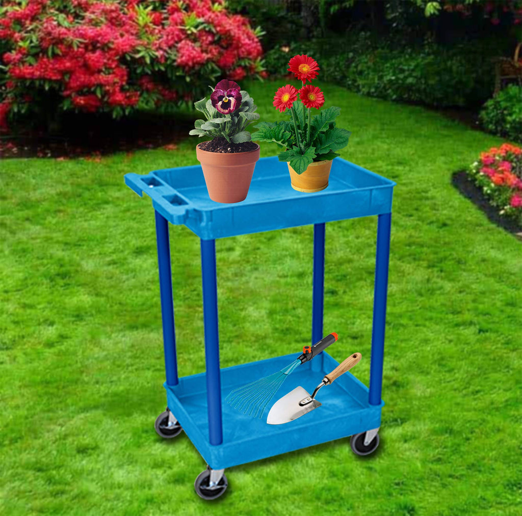 LUXOR BUSTC11BU Multipurpose Utility Tub Cart with Two Shelves Each with 2.75" Deep Walls, 300 Lbs. Capacity, Blue