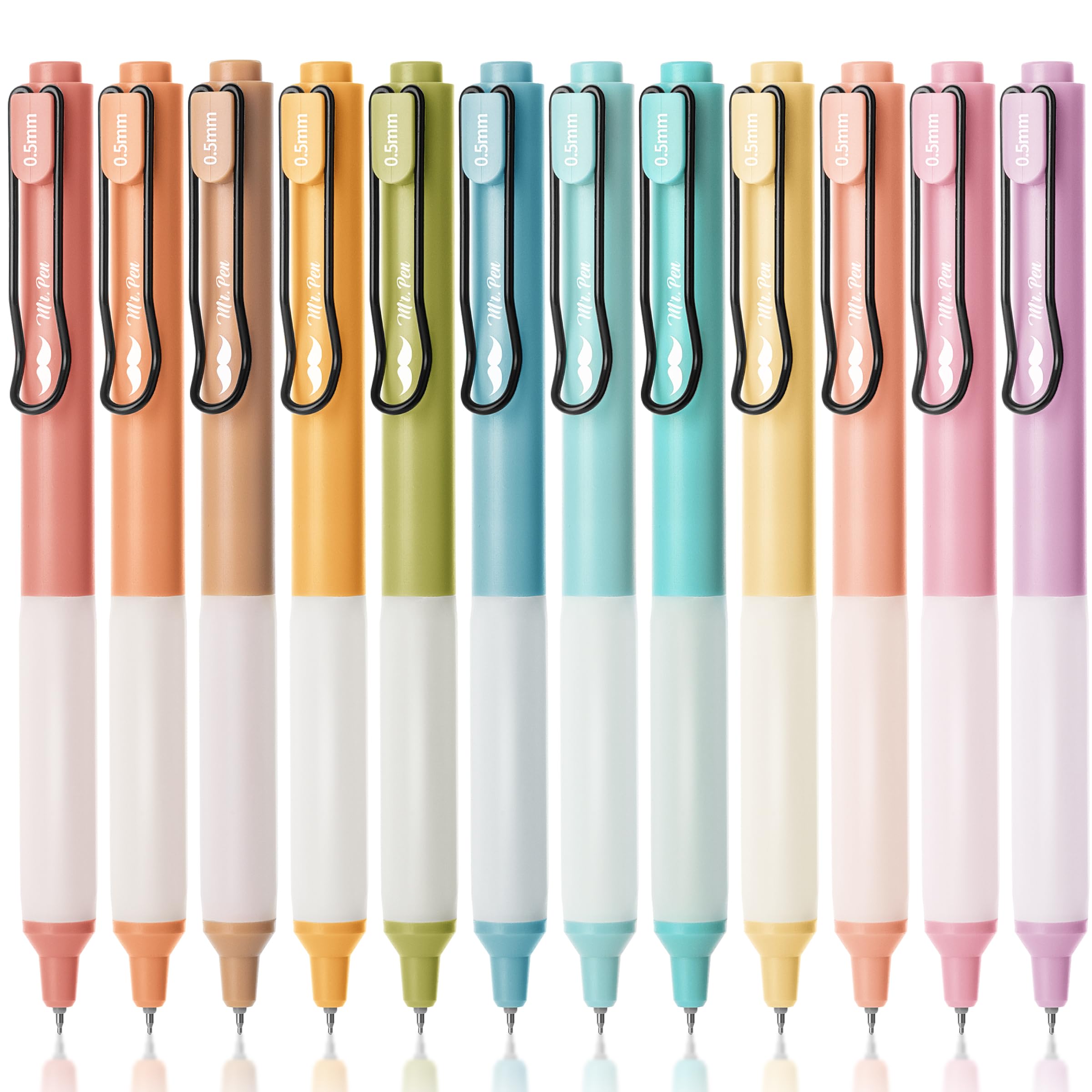 Mr. Pen- Retractable Pens, 12 Pack, Black Ink, Pastel Barrels, Fast Dry, Fine Point 0.5Mm, Cute Pens For Journaling