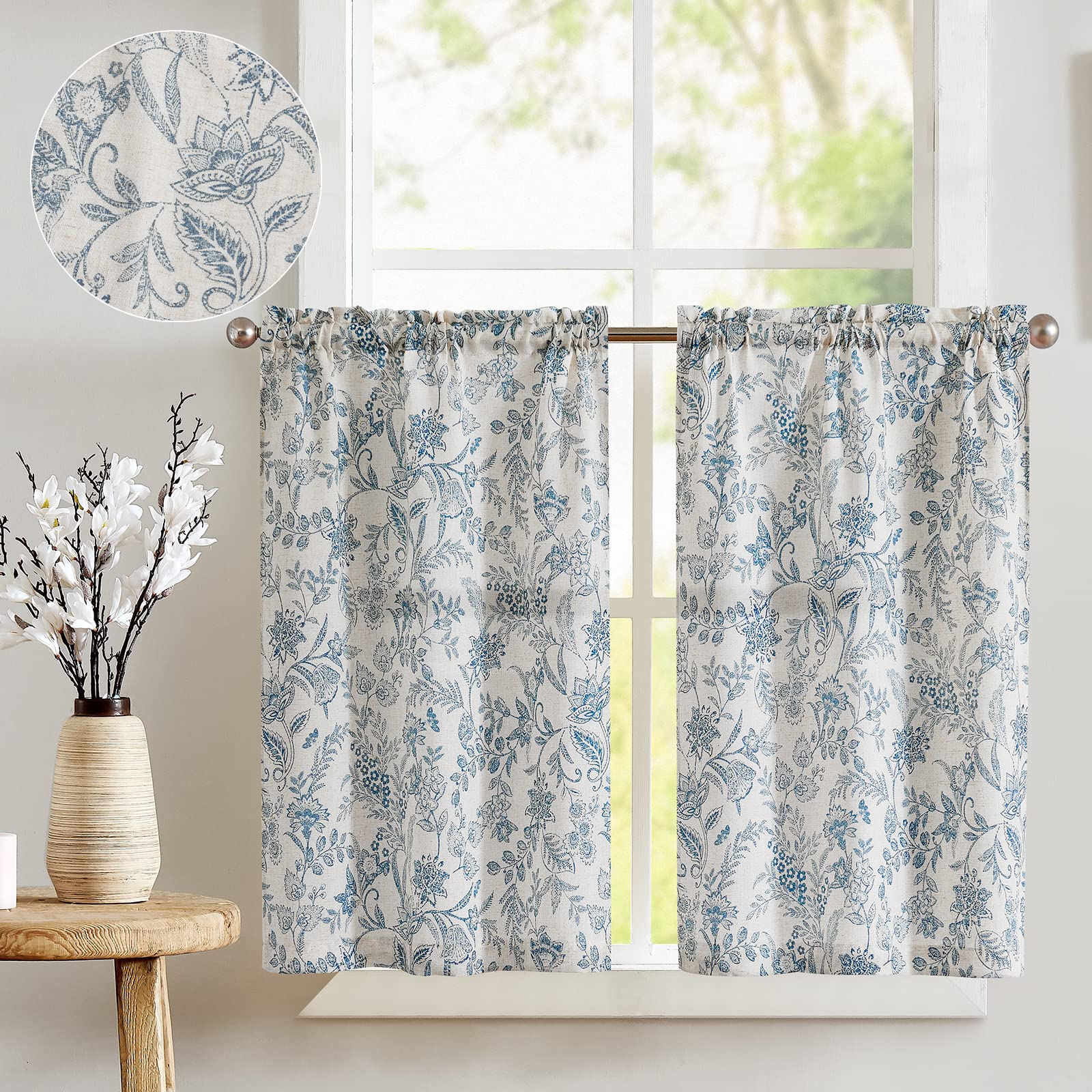 jinchan Floral Kitchen Curtains 24 Inch Linen Tier Curtains Farmhouse Cafe Curtains Country Botanic Small Window Curtains Rod Po