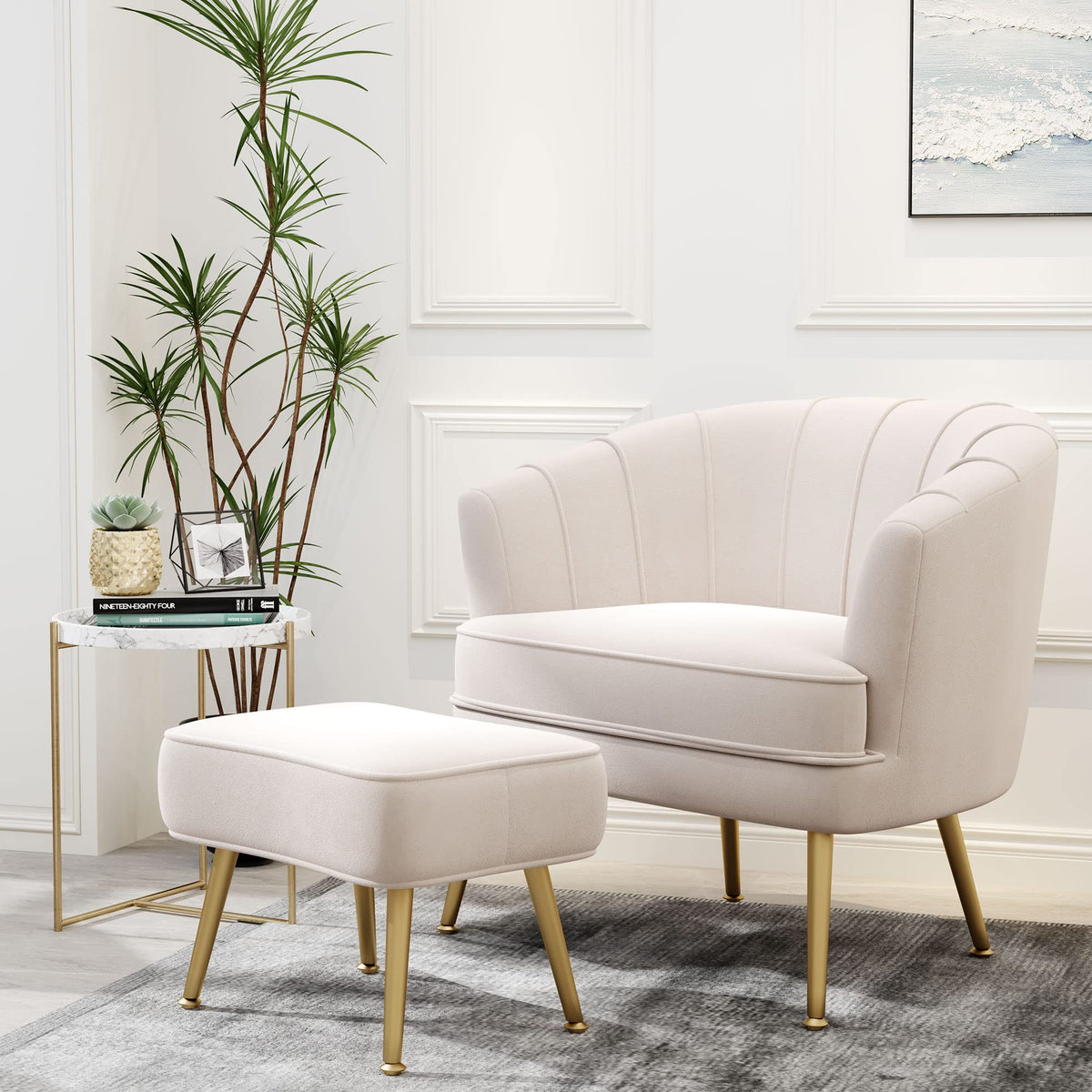 Andeworld Velvet Accent Chair With Ottoman, Upholstered Modern Single Sofa Side Chair,Comfy Barrel Club Living Room Armchair Wit