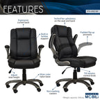 Techni Mobili Executive Leather Office Chair, Black, Height Adjustable, Padded Flip Up Armrests, Tilt Control, PU Desk Chair