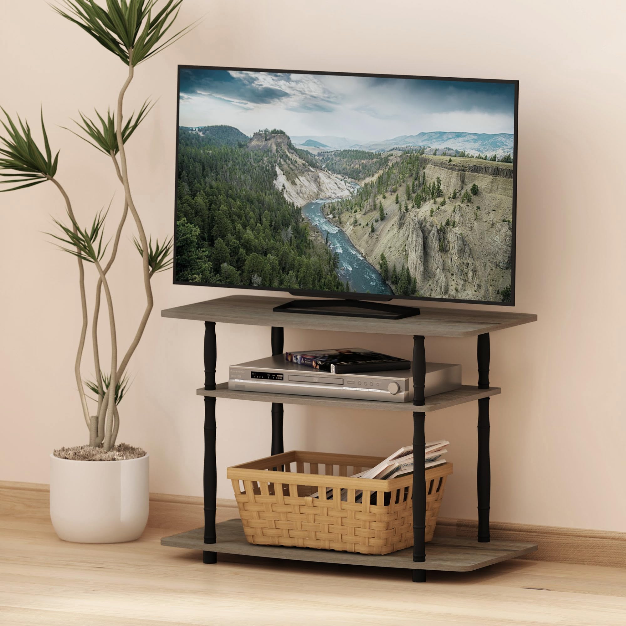 Furinno Turn-N-Tube No Tools 3-Tier Entertainment Center Tv Stand For Tv Up To 32 Inch, Plastic Classic Tubes, French Oak Grey/Black