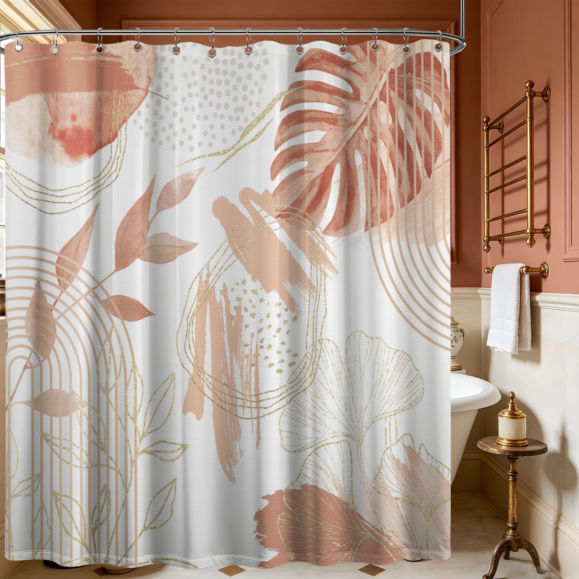 soeeao Coral Pink Shower Curtain Cute Girly Salmon Peach Mid Century Modern Shower Curtains for Girls Bathroom Decor, Waterproof