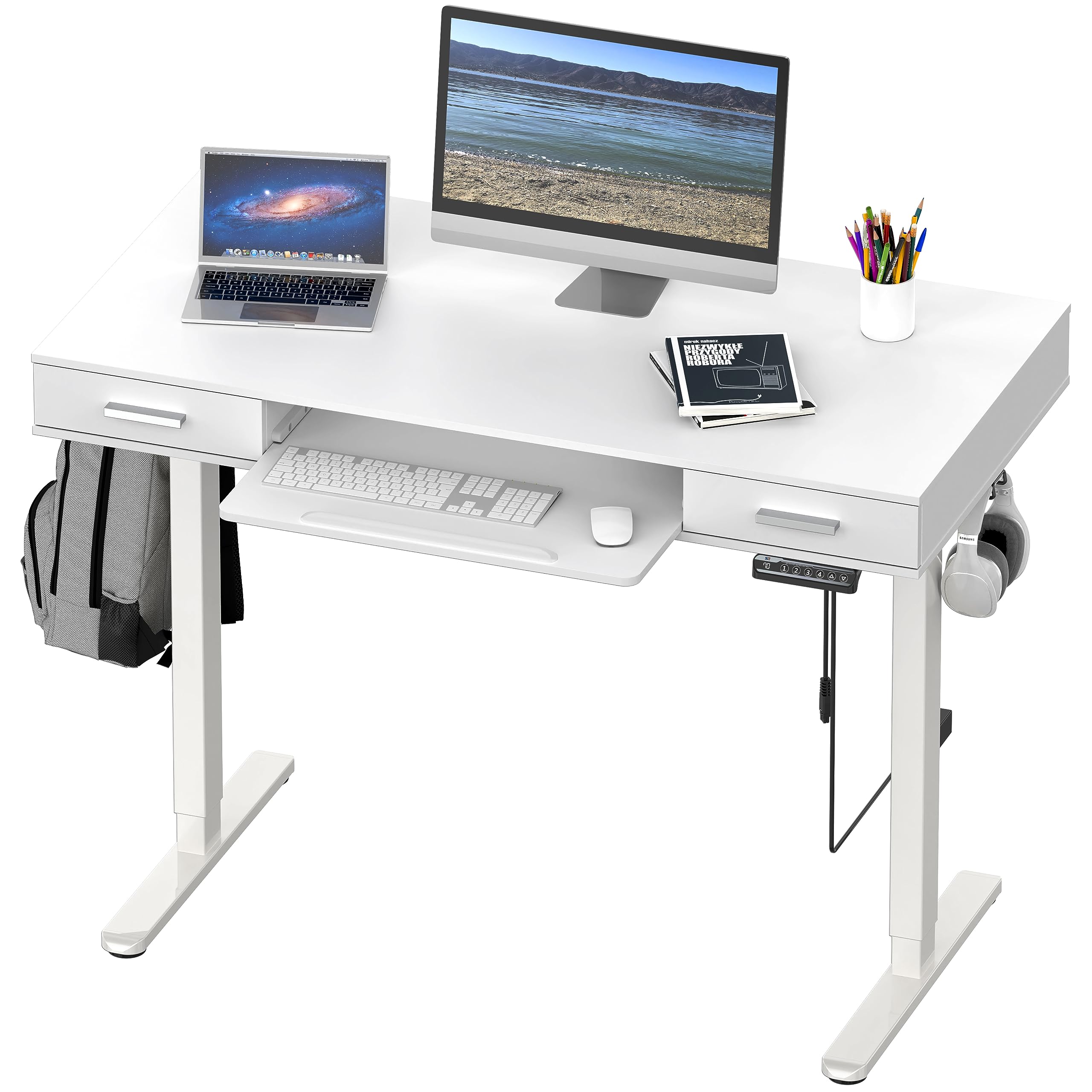 Shw 48-Inch Electric Height Adjustable Desk With Keyboard Tray And Two Drawers
