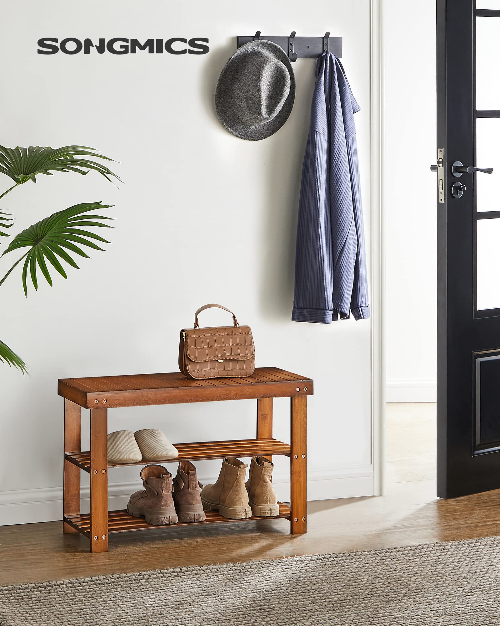 Songmics Shoe Rack Bench, 3-Tier Bamboo Shoe Storage Organizer, Entryway Bench, Holds Up To 286 Lb, 11.3 X 27.6 X 17.8 Inches, For Entryway Bathroom Bedroom, Walnut Color Ulbs04Wl