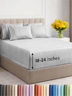 Extra Deep Pocket Cal King Sheets - 4 Piece Breathable & Cooling Bed Sheets - Hotel Luxury Bed Sheet Set - Soft, Wrinkle Free & Comfy - Easily Fits Extra Deep Mattresses - Grey Striped Sheets Set