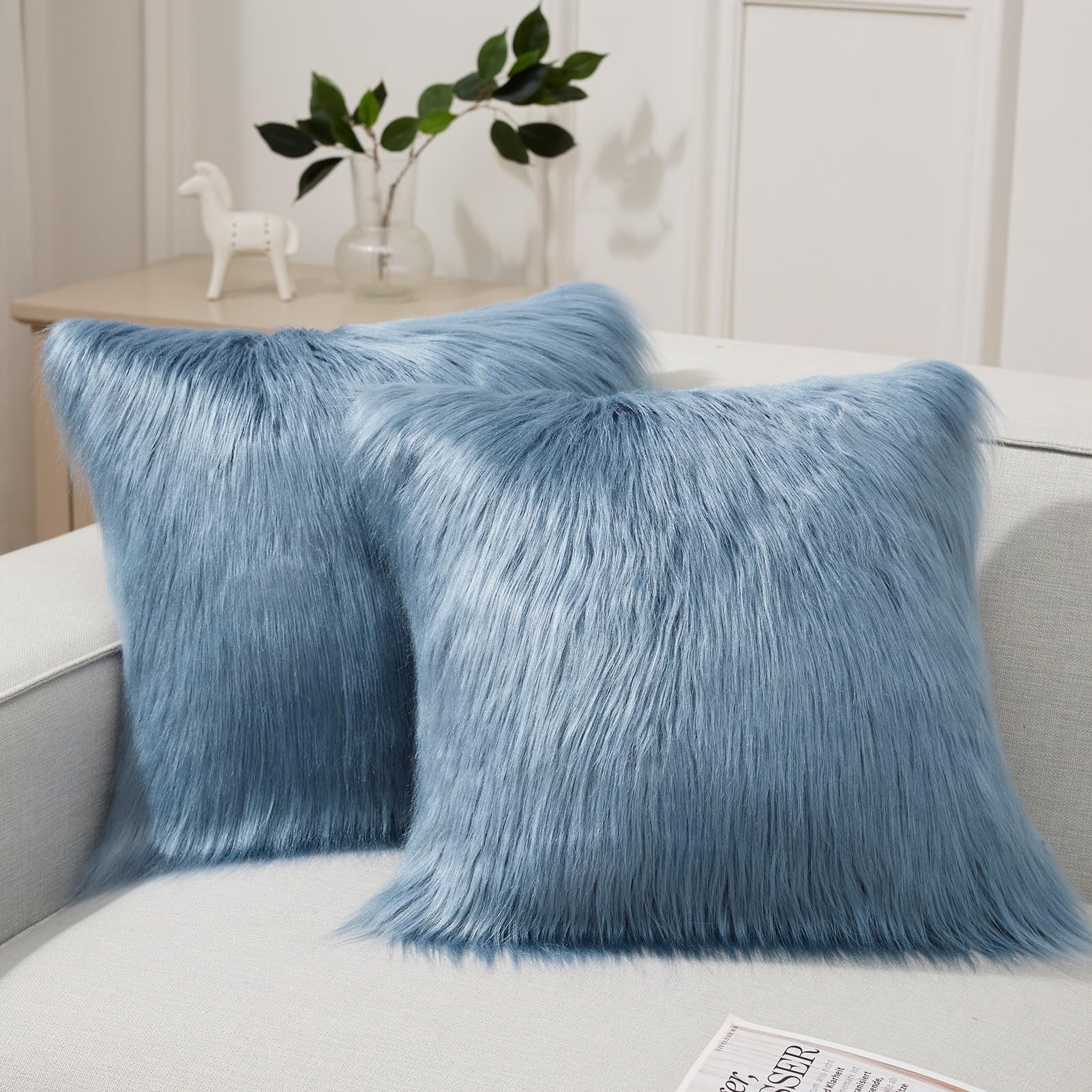 Phantoscope Pack Of 2 Faux Fur Throw Pillow Covers Cushion Covers Luxury Soft Decorative Pillowcase Fuzzy Pillow Covers For Bed/Couch, Blue 18 X 18 Inches