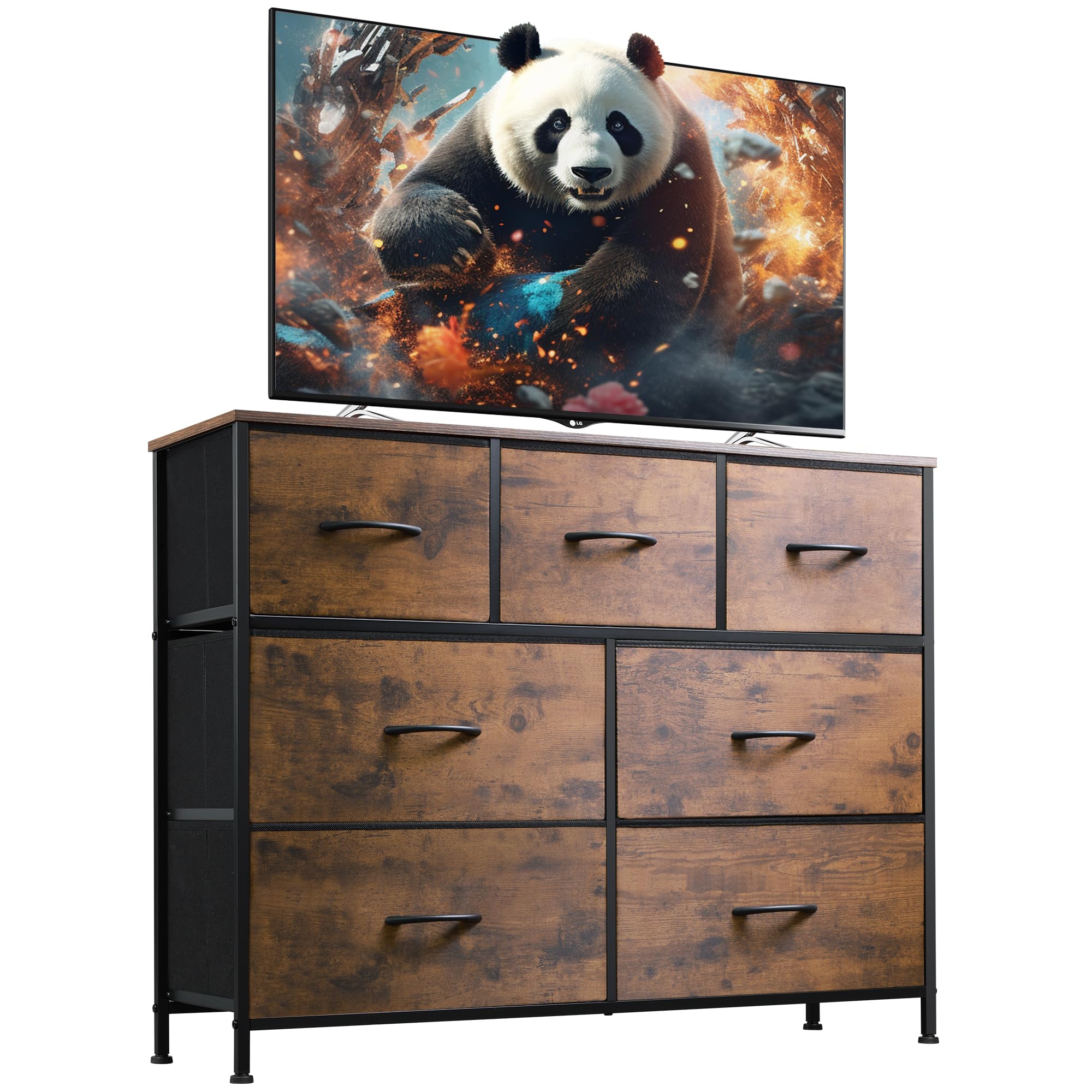 Wlive Dresser Tv Stand, Entertainment Center With Fabric Chest Of Drawers For Bedroom, Media Console Table With Metal Frame And Wood Top For Tv Up To 45 Inch, Rustic Brown Wood Grain Print
