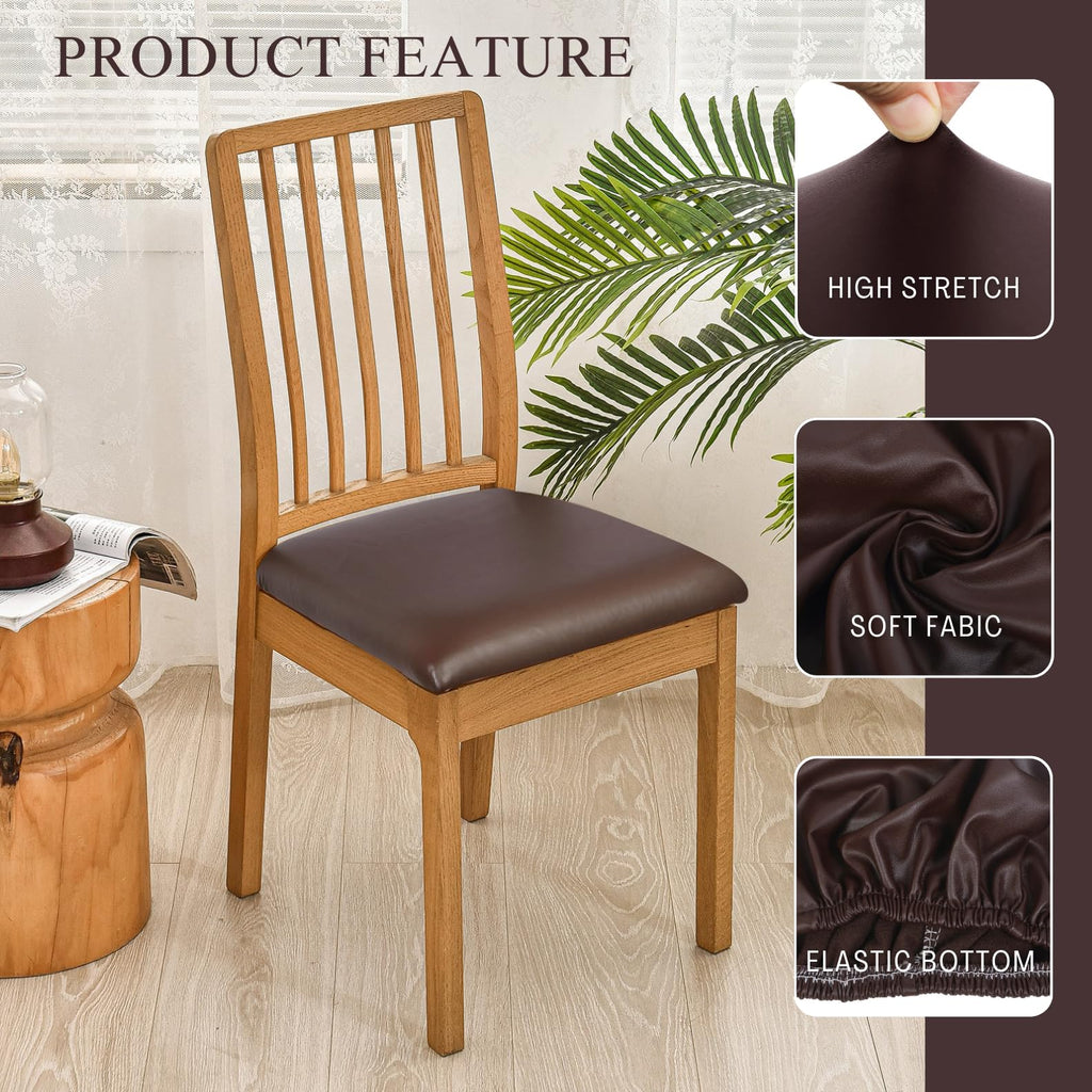 Searchi Waterproof Pu Leather Seat Covers For Dining Chairs, 2 Pack Stretch Dining Room Chair Seat Covers, Kitchen Chair Seat Covers Protectors (Brown)