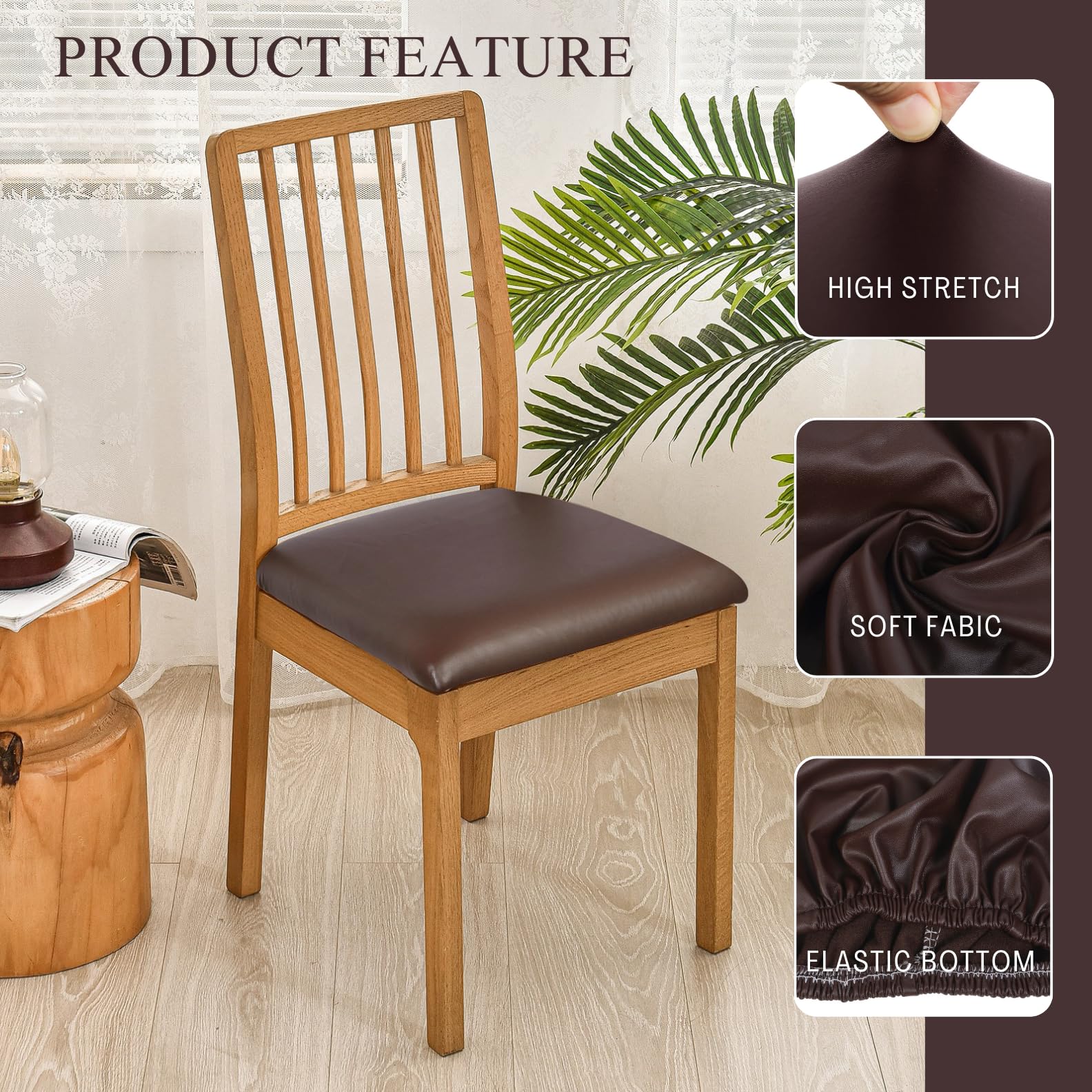 Searchi Waterproof Pu Leather Seat Covers For Dining Chairs, 2 Pack Stretch Dining Room Chair Seat Covers, Kitchen Chair Seat Covers Protectors (Brown)