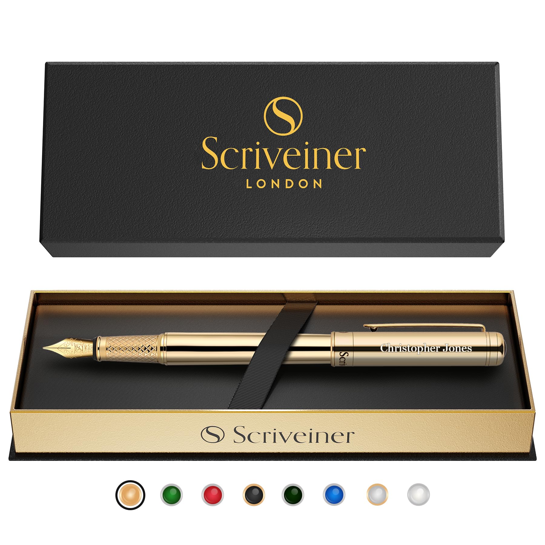 Scriveiner Personalized Gold Fountain Pen - Stunning Luxury Pen With 24K Gold Finish, Schmidt Ink Refill, Best Engraved Fountain