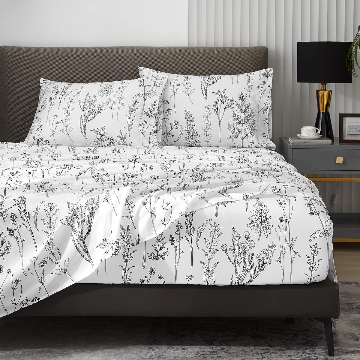 Hyprest Floral Bed Sheets King Size, 18 Inches Deep Pocket Sheets 1800 Thread Count, Black And White Leaf Sheet Set Soft Breatha