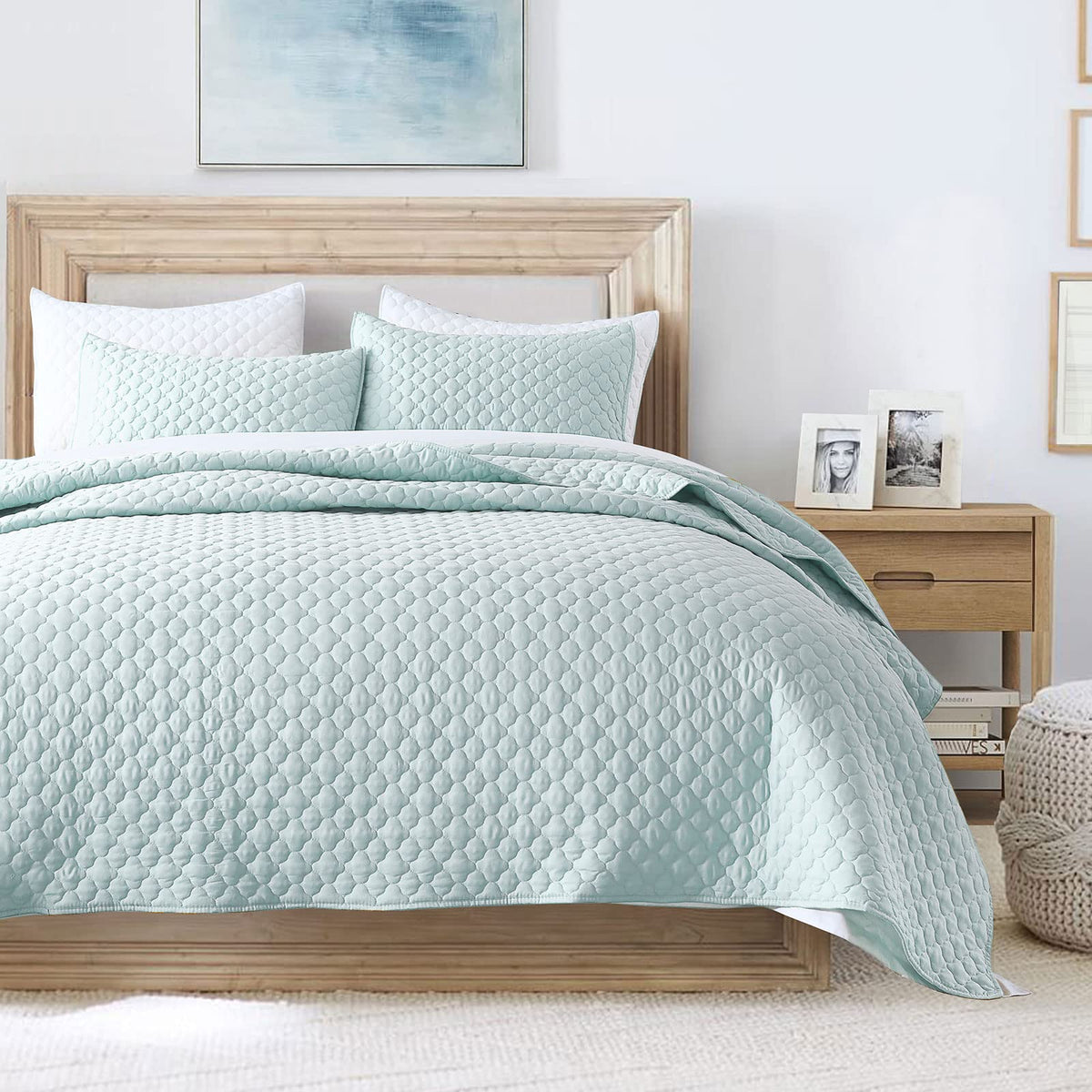 Quilt Queen Size Aqua Blue, Lightweight Quilt For Summer Ultra-Soft Microfiber Modern Style Quilted Clouds Pattern Bedspread Qui