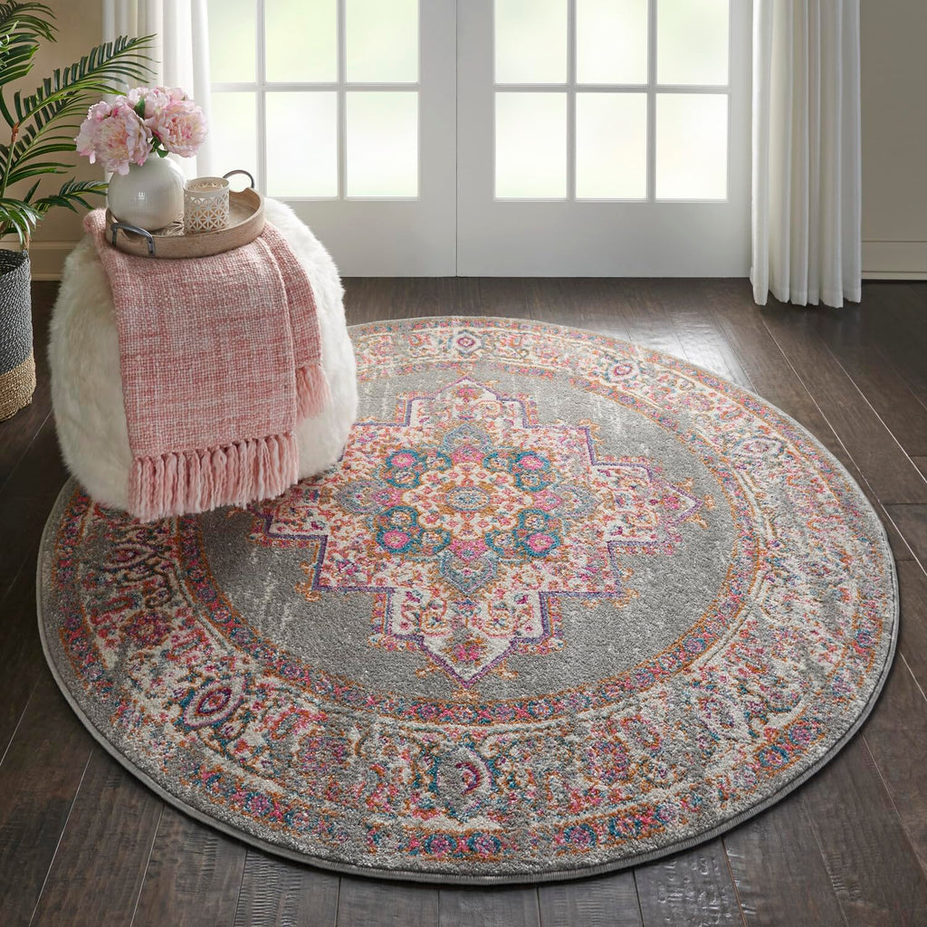 Nourison Passion Grey 4' X Round Area -Rug, Boho, Traditional, Easy -Cleaning, Non Shedding, Bed Room, Living Room, Hallway, (4'