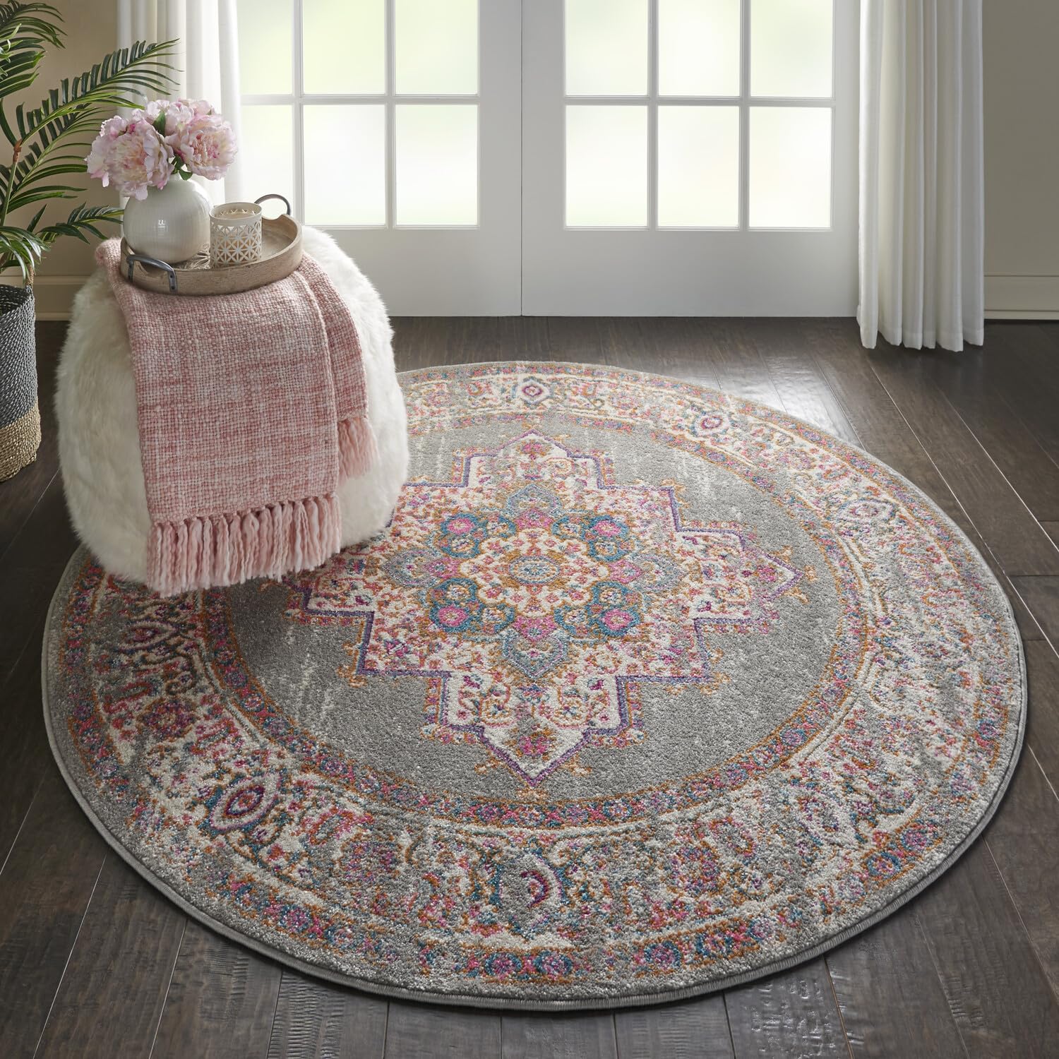 Nourison Passion Grey 4' X Round Area -Rug, Boho, Traditional, Easy -Cleaning, Non Shedding, Bed Room, Living Room, Hallway, (4'