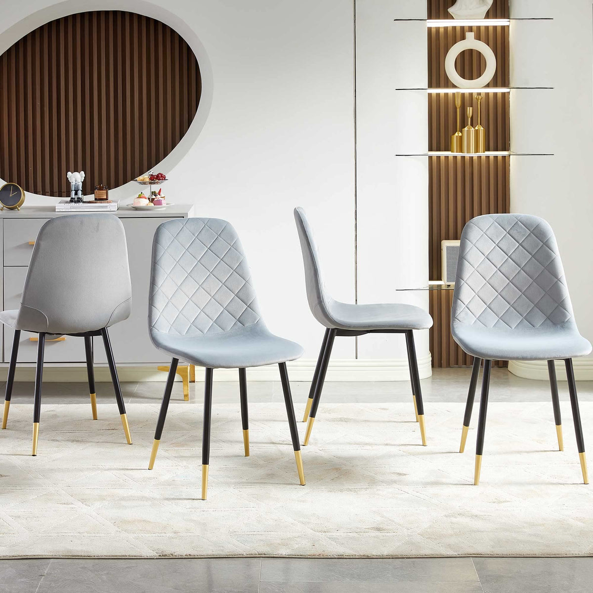 Nordicana Velvet Dining Chairs Kitchen Plain Color Chair Upholstered Side Stools With Backrest Metal Legs Set Of 4, Grey