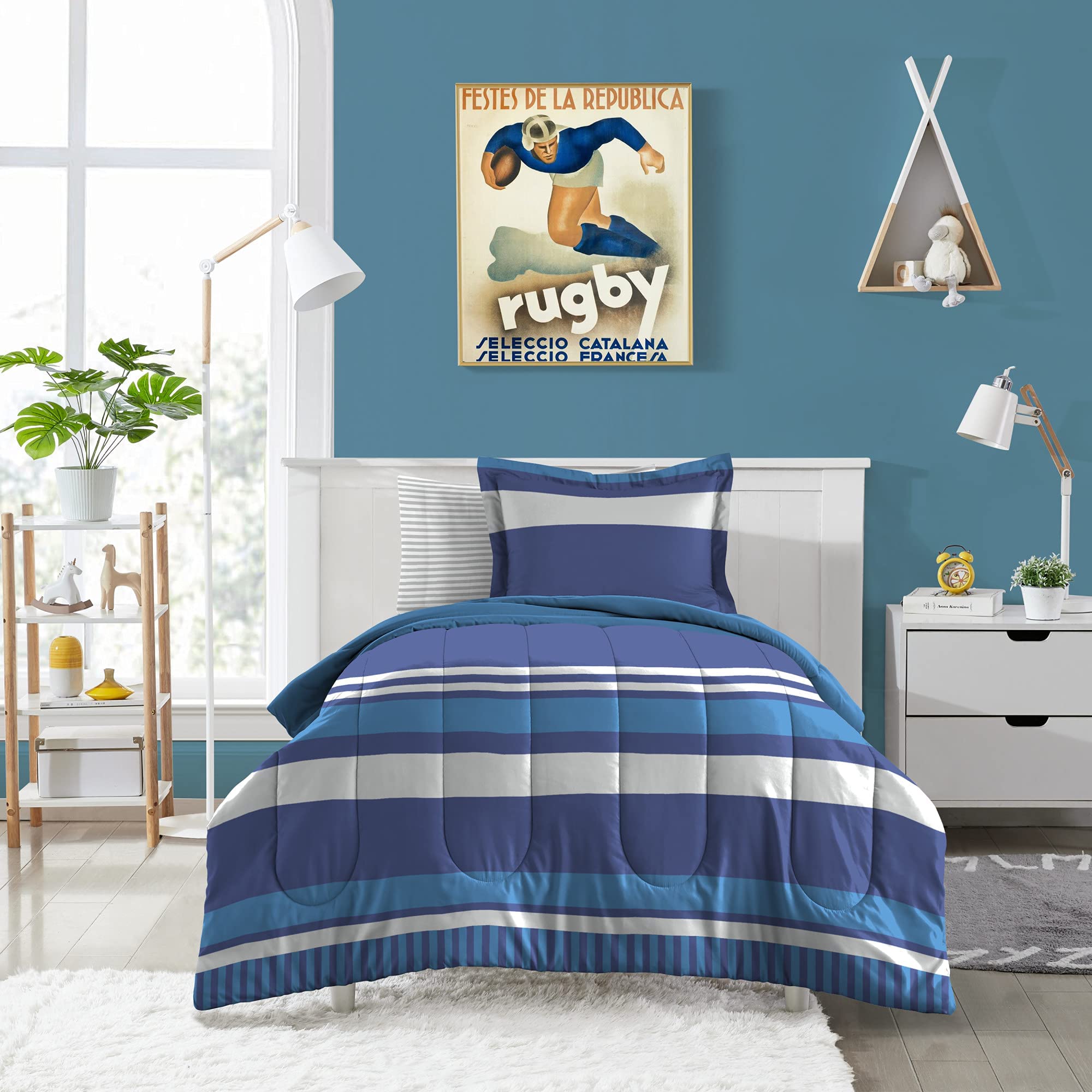 Dream Factory Kids 7-Piece Complete Bed Set Easy-Wash Super Soft Microfiber Comforter Bedding, Full, Blue Rugby Stripe,2D872702B