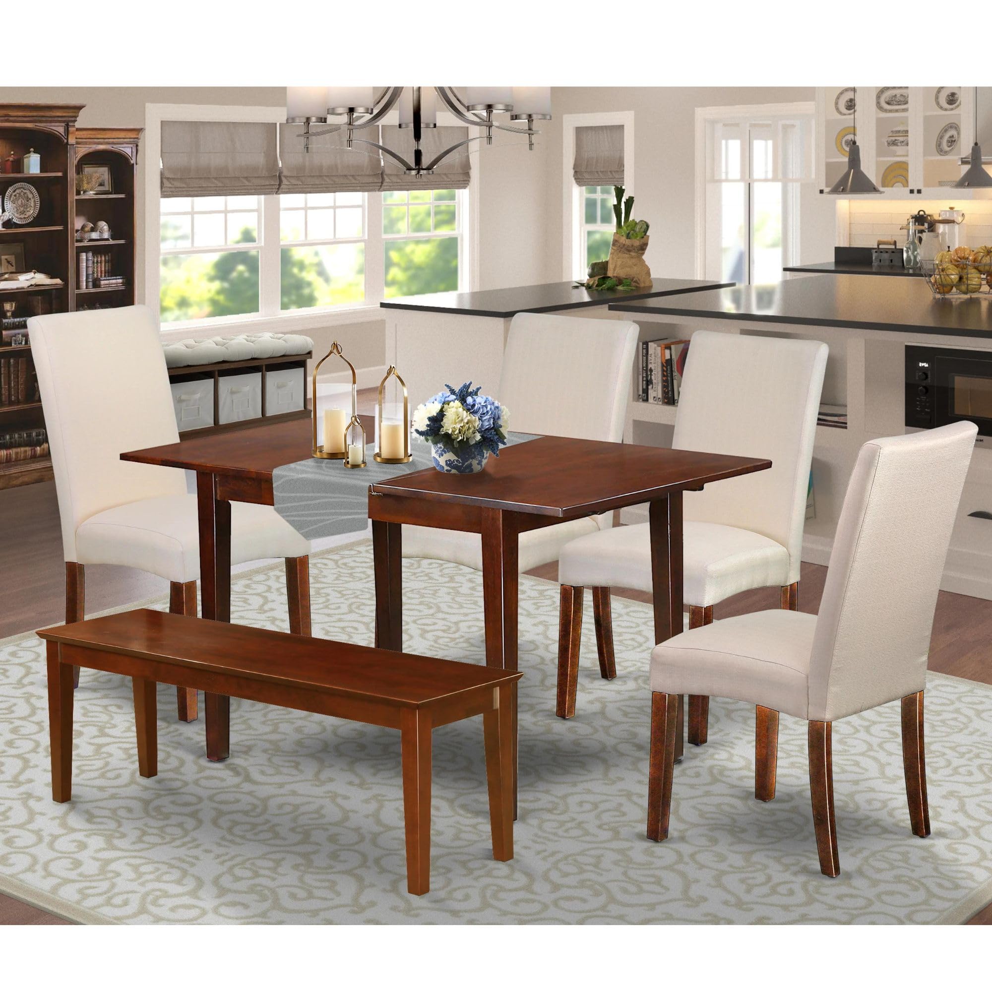 East West Furniture Psdr6C-Mah-01 6 Piece Dining Table Set Contains A Rectangle Kitchen Table With Butterfly Leaf And 4 Cream Linen Fabric Parson Chairs With A Bench, 32X60 Inch, Mahogany