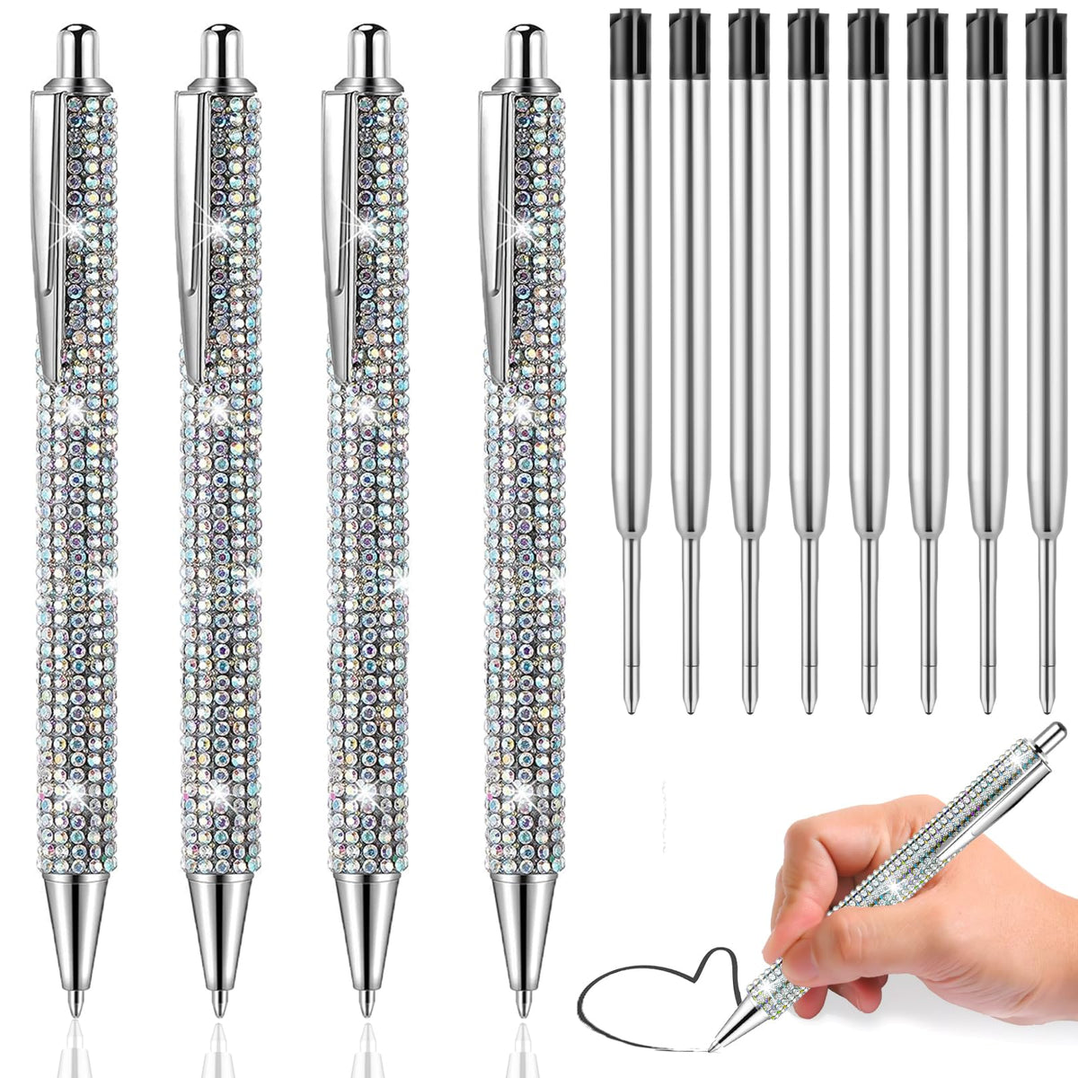 Hfyhwt Bling Pens For Rhinestones, 4Pcs Black Ink Bling Pen Silver With 8 Replaceable Refills For Office Supplies Birthday (0.7M