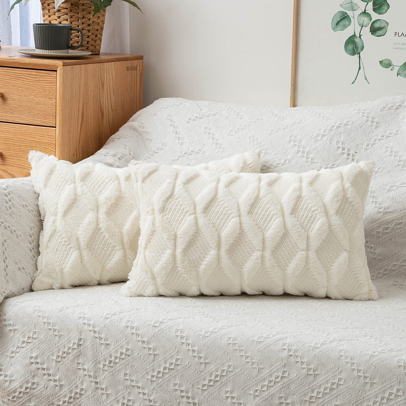 Miulee Cream White Throw Pillow Covers 12X20 Set Of 2 Decorative Farmhouse Couch Throw Pillows Boho Shells Soft Plush Wool Pillo