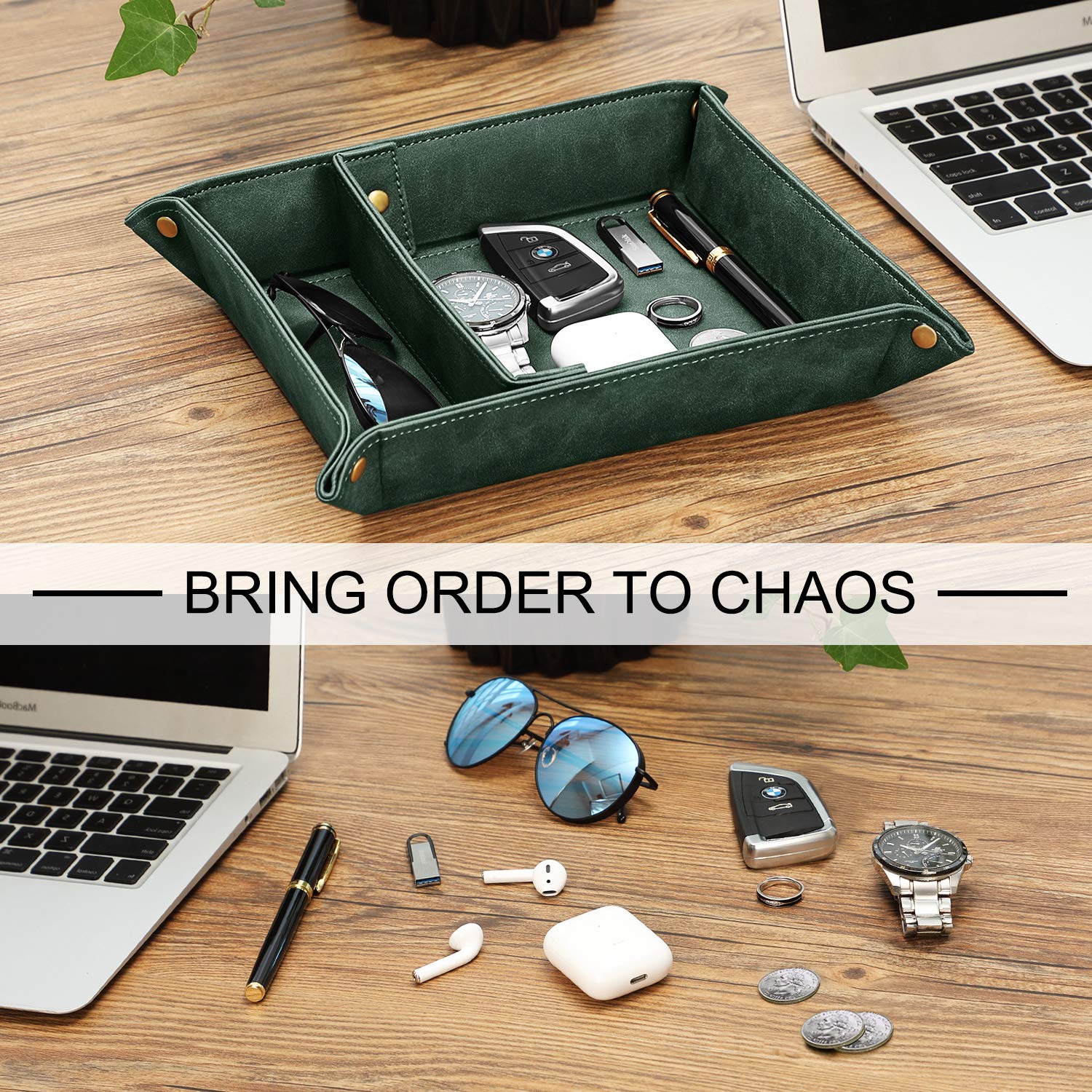 Sithon Valet Tray Desktop Storage Organizer - Removable 2 Compartments Catchall Tray Bedside Vanity Tray Nightstand Caddy Holder