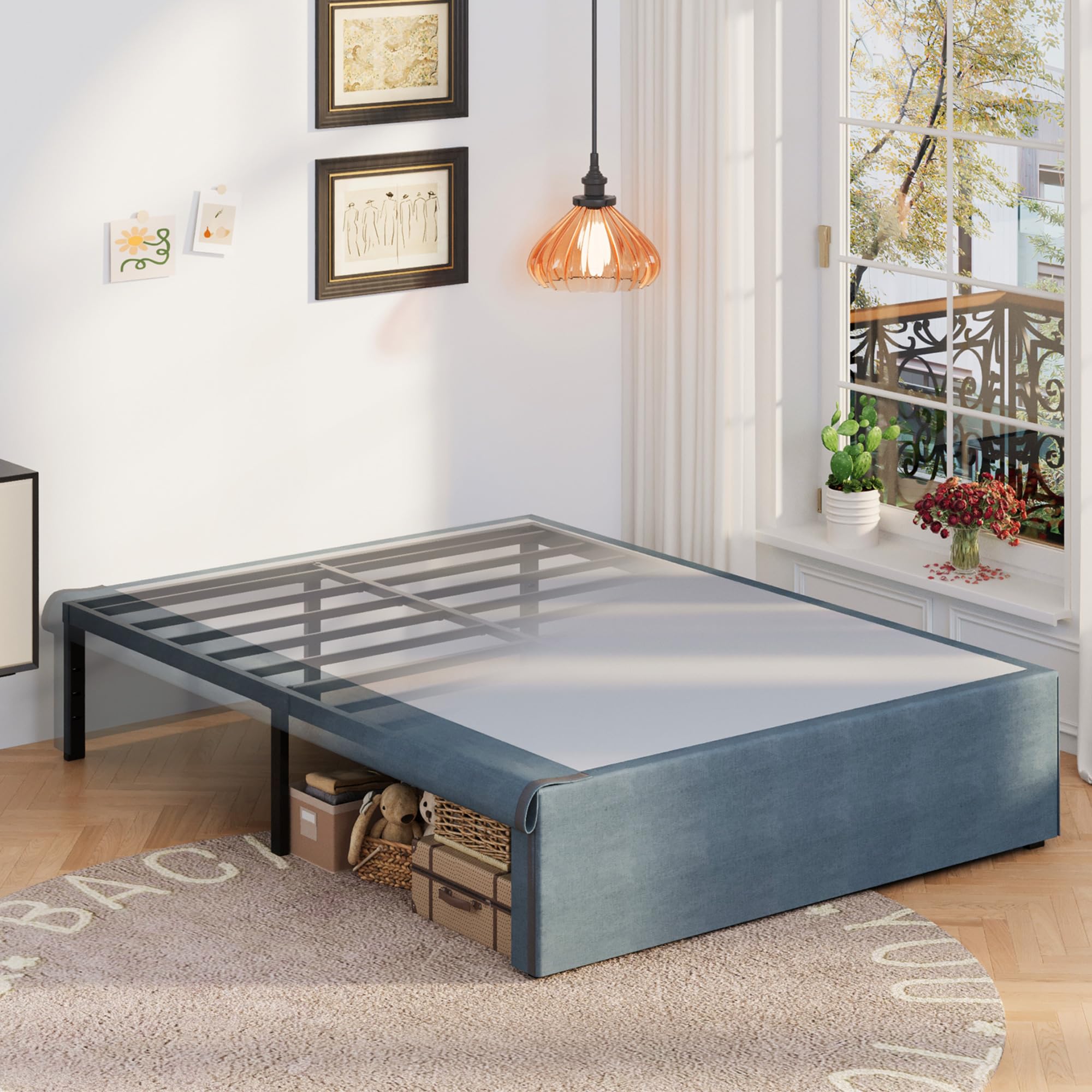 Upcanso 16 Inch Bed Frame Queen Size With Fabric Cover, Metal Platform Queen Bed Frame With Storage No Box Spring Needed, Heavy Duty Non-Slip, Easy Assembly Mattress Foundation