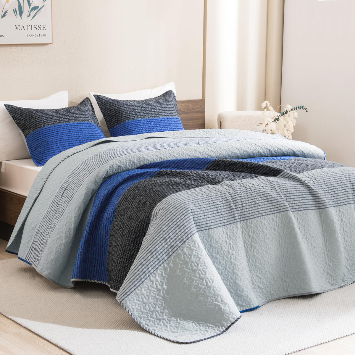 Litanika Quilt King Size Blue And Grey, Stripe Patchwork Summer Bedspread Coverlet 3 Pieces, Soft Lightweight Microfiber Quilted