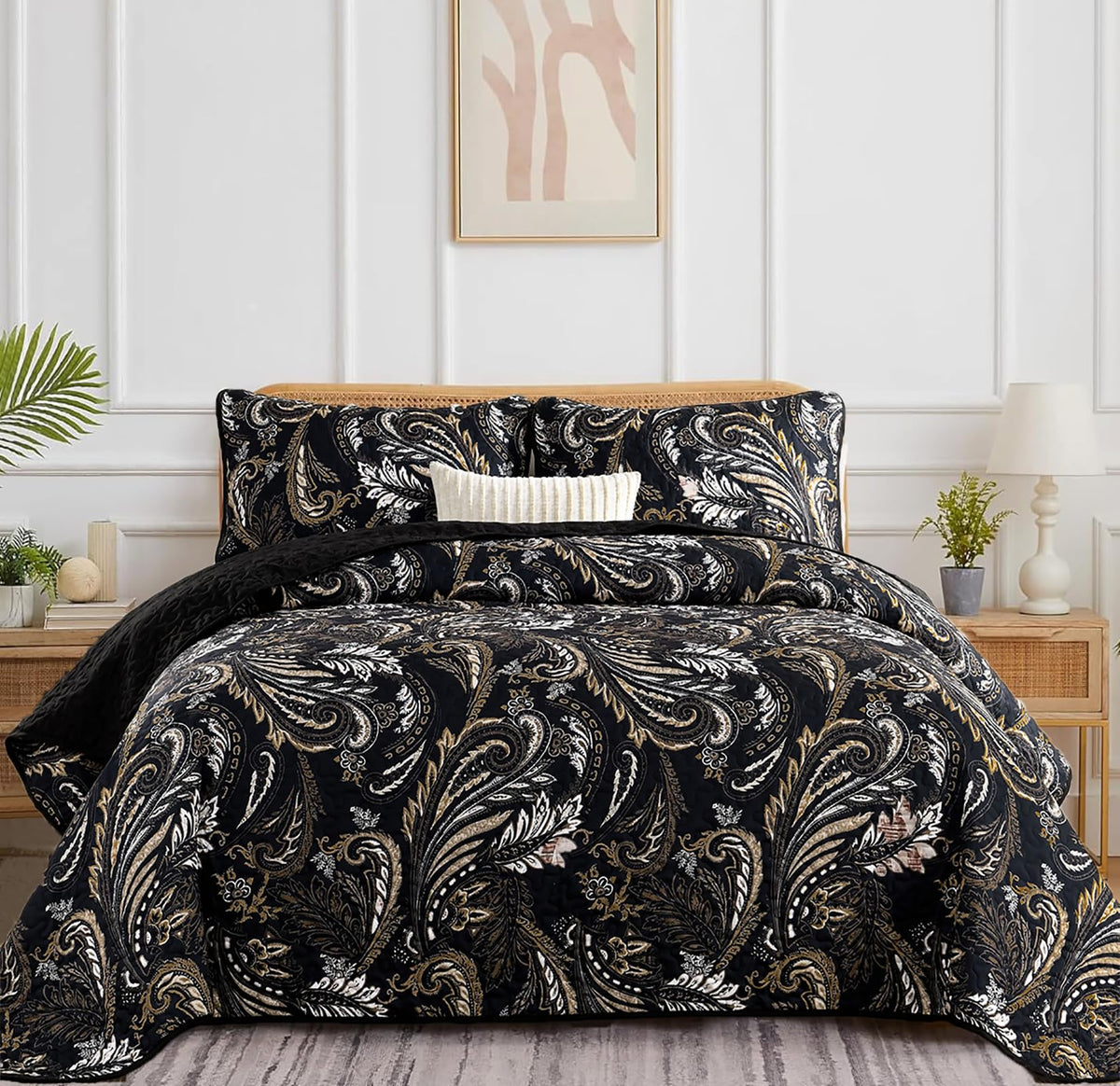 Wongs Bedding Boho Quilt Set Queen,Black Paisley Floral Pattern Bedspread Coverlet Set With 2 Pillowcases,3 Piece Lightweight Mi