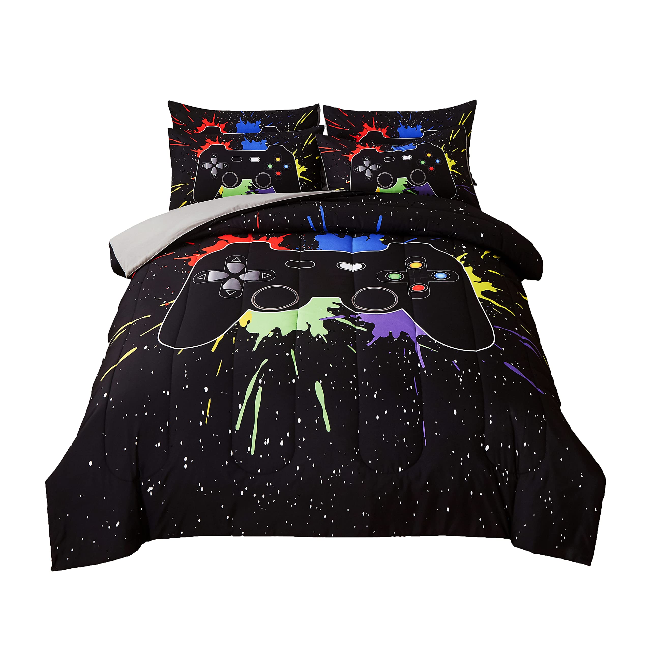 Akkialla Gamer Comforter Sets Queen Size For Boys Teen,Game Controller Colorful Comforter With 2 Pillowcases, 3 Piece Video Gami