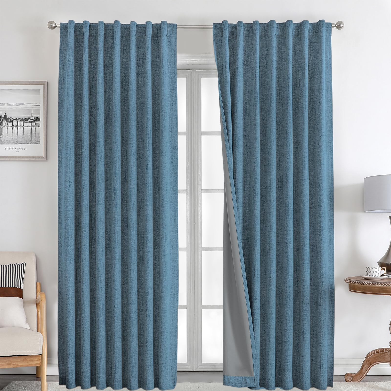 Joydeco 100% Blackout Curtains 108 inches Long Natural Linen Drapes 2 Panels Set Burg for Bedroom Living Room Black Out Darkenin