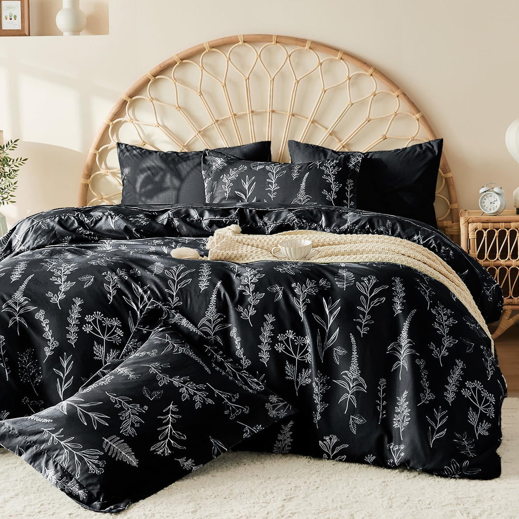MUXHOMO Black Bed in a Bag Queen 7 Pieces, Queen Comforter Set Reversible Botanical Flowers Design, Ultra Soft & Breathable Bedd