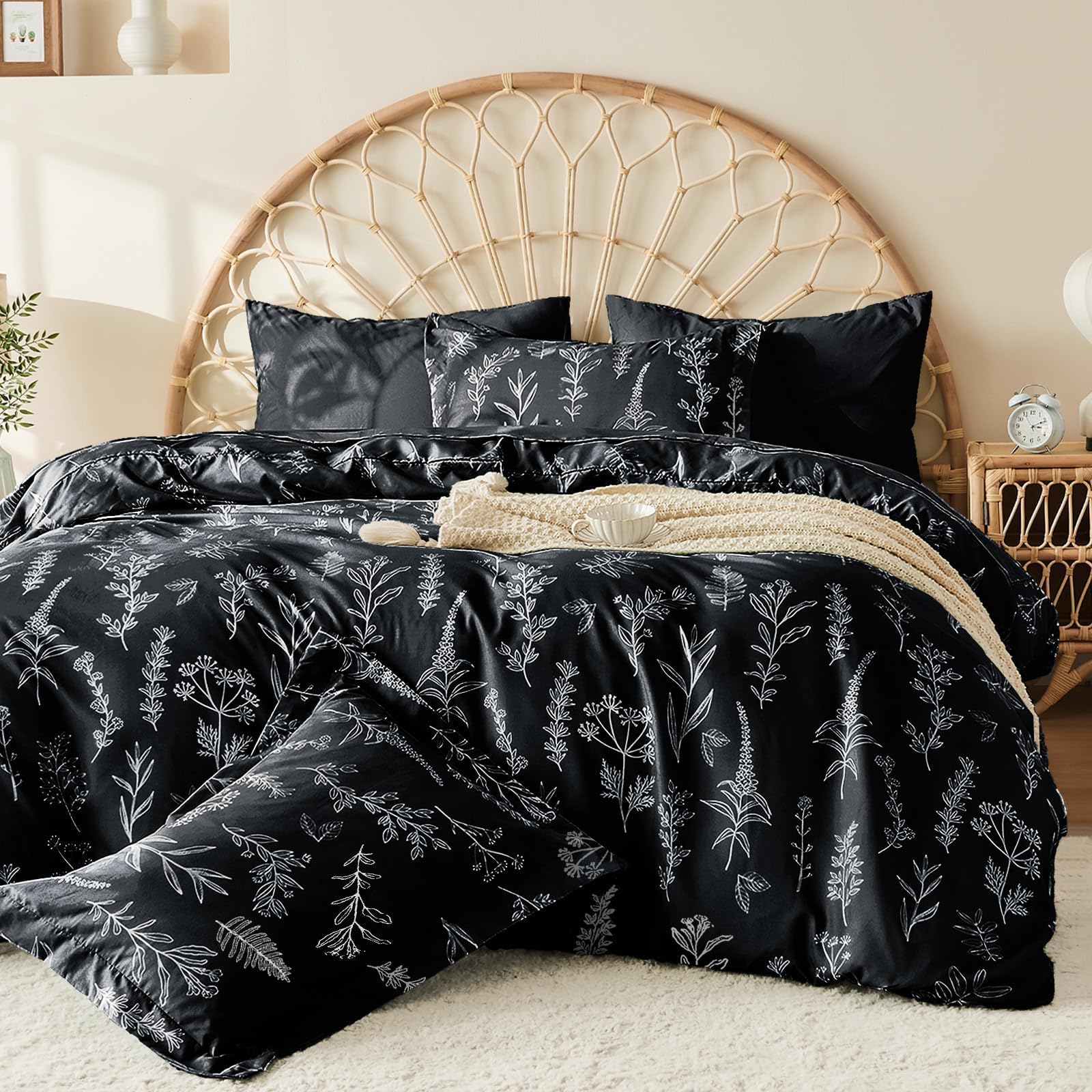 MUXHOMO Black Bed in a Bag Queen 7 Pieces, Queen Comforter Set Reversible Botanical Flowers Design, Ultra Soft & Breathable Bedd