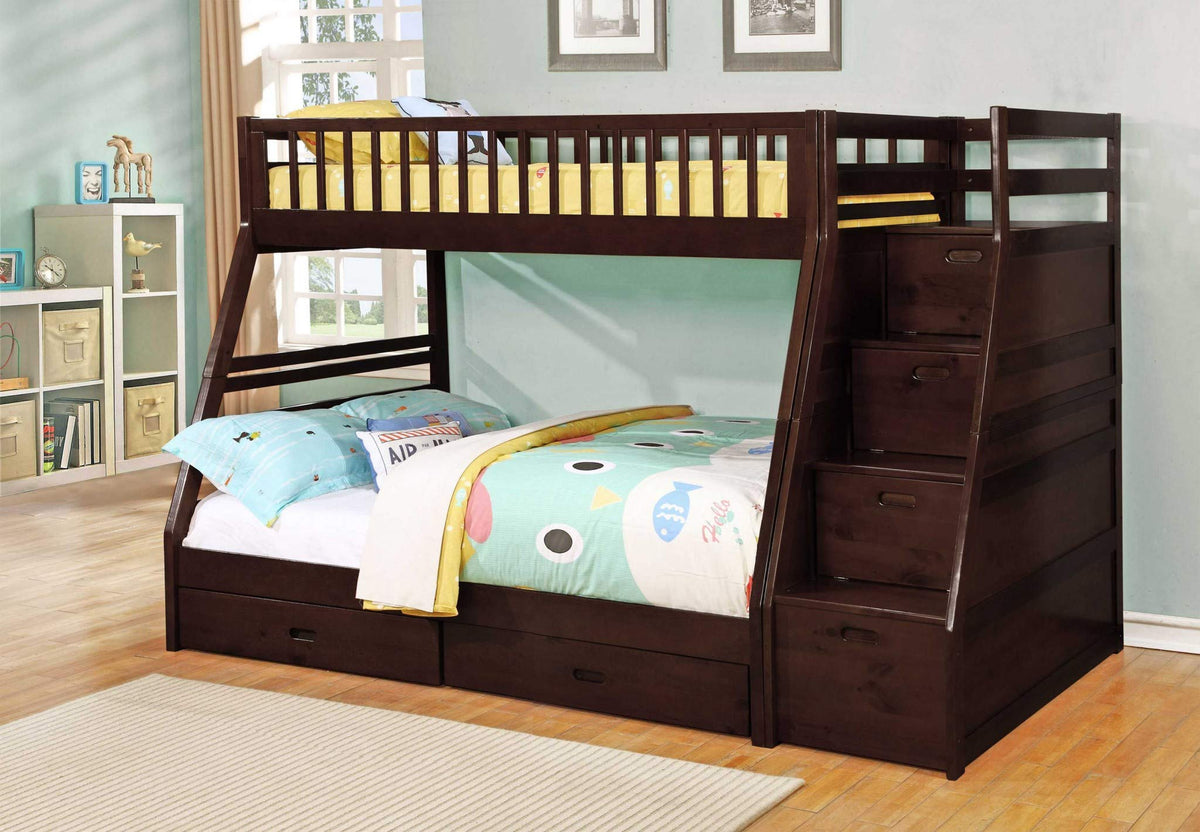 81' X 59' X 65' Brown Manufactured Wood and Solid Wood Twin/Full Staircase Bunk Bed with Storage