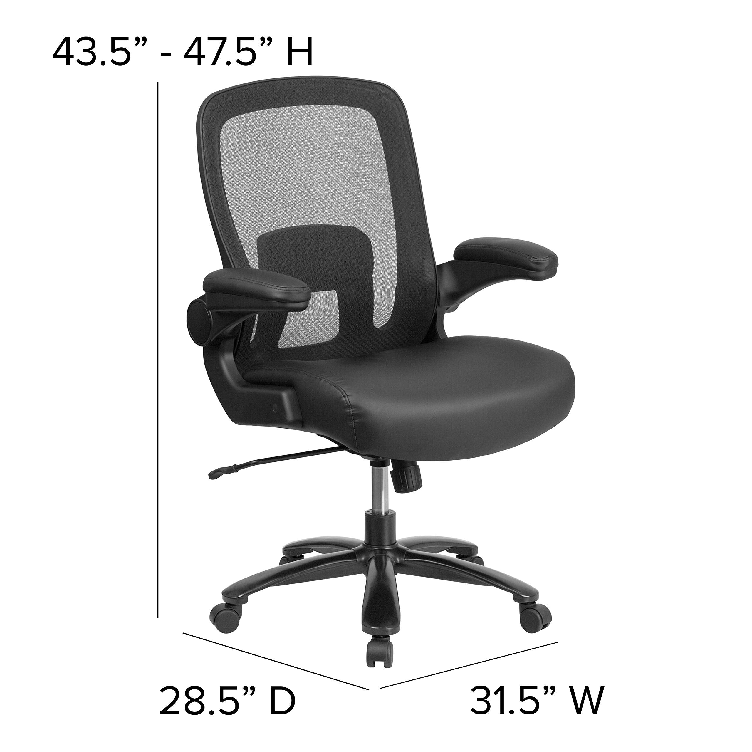 Flash Furniture Big & Tall Swivel Office and Gaming Chair with LeatherSoft Seat, Mesh Office Chair with Flip-Up Armrests and Adjustable Height, Black