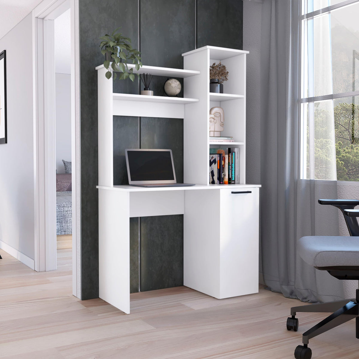 Depot E-Shop Muncy Computer Desk With Ample Work Surface, Hutch Storage And Single Door Cabinet With 3-Tier Shelves, White