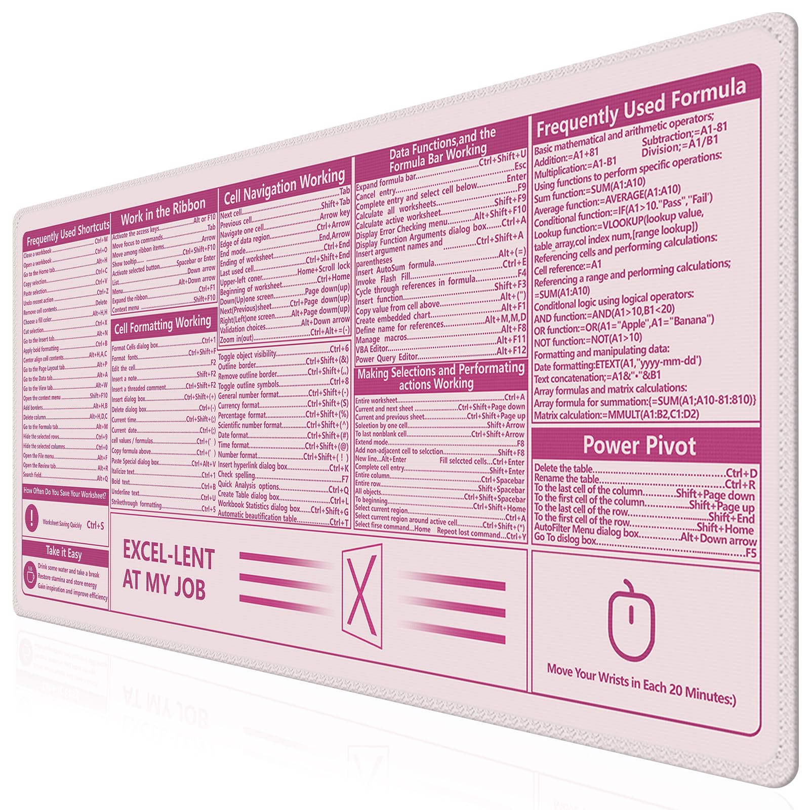 Icasso Excel Cheat Sheet Desk Pad,Excel Mouse Pad Shortcuts,Excel Shortcuts Cheat Sheet Keyboard Mat, Extended Large Xxl Non-Sli