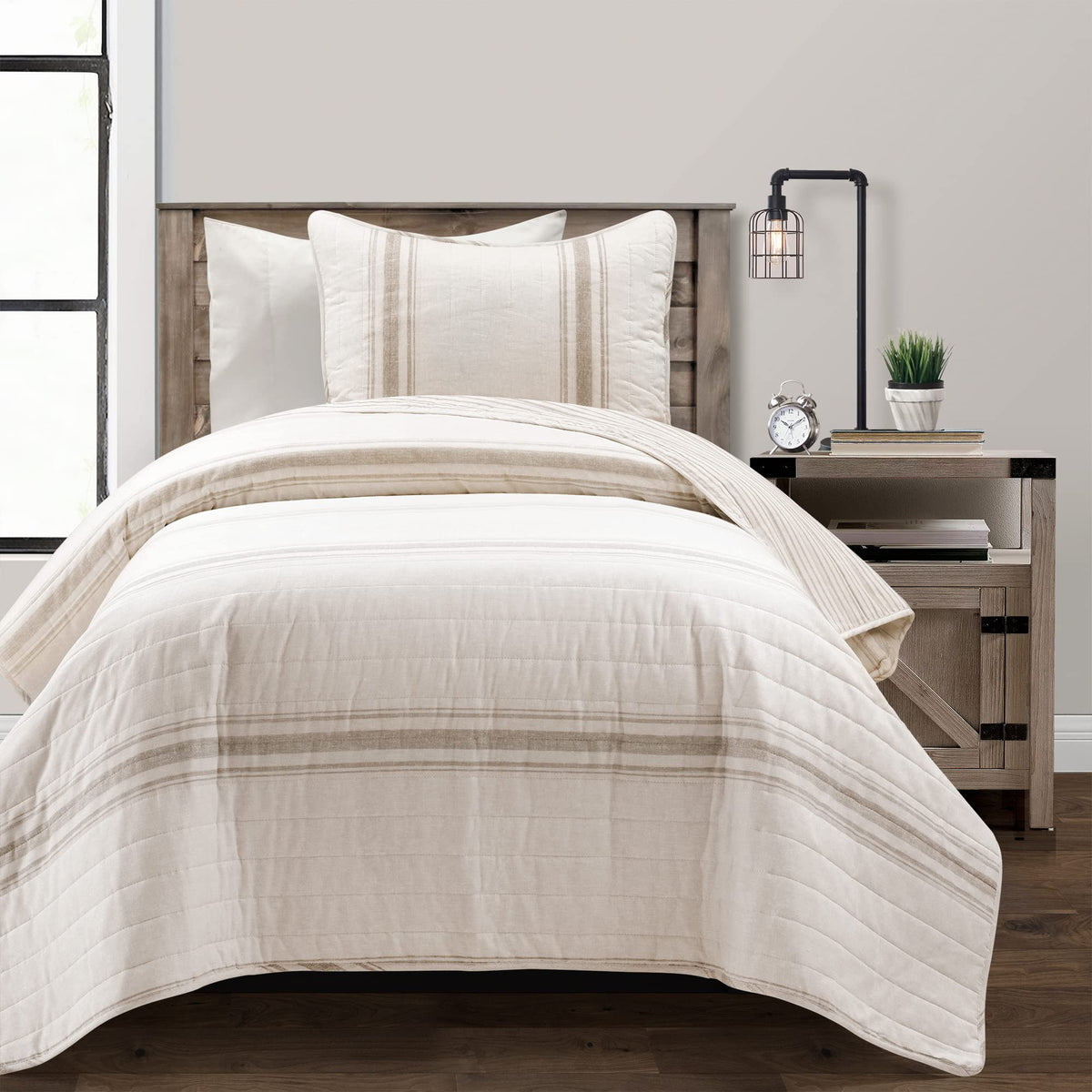Lush Decor Farmhouse Stripe Reversible Quilt Set, 2 Piece Set, Twin Xl, Neutral - Twin Bedding Set - Dorm Decor - Striped Quilt