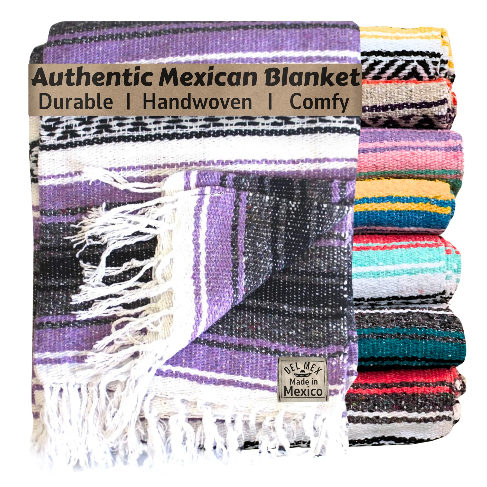 Del Mex Classic Mexican Blanket, Large Authentic Woven Falsa Throw (75'X50'), Artisan Southwest D  Cor For Beach, Yoga, Outdoo