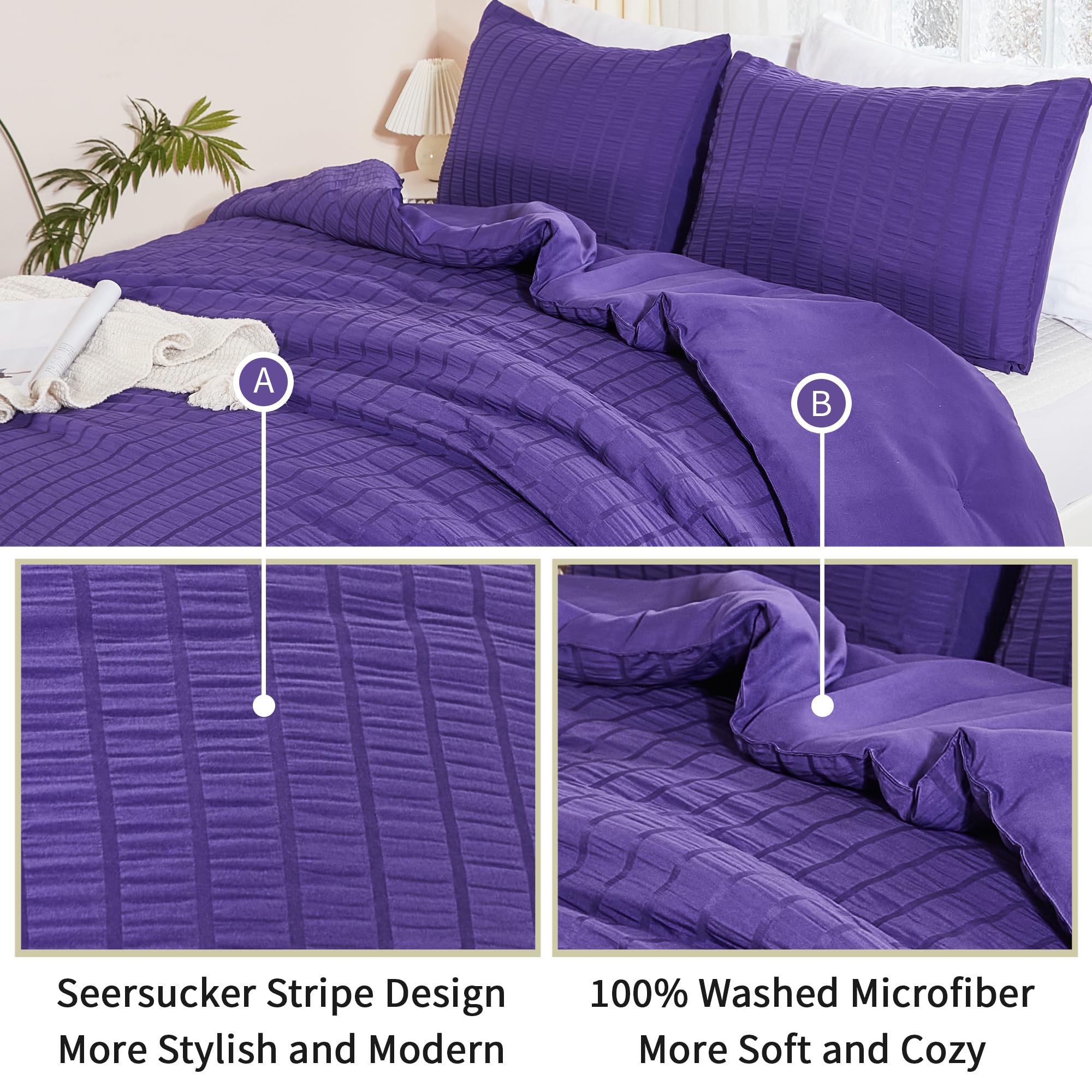 Avelom Dark Purple Seersucker Queen Comforter Set (90X90 Inches), 3 Pieces-100% Soft Washed Microfiber Lightweight Comforter With 2 Pillowcases, All Season Down Alternative Comforter Set For Bedding