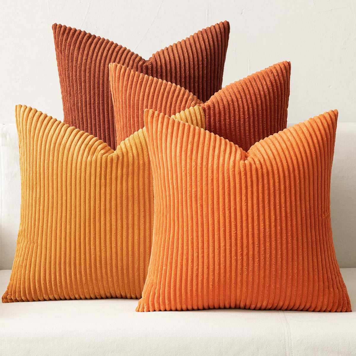 Miulee Pack Of 4 Orange-Rust Corduroy Decorative Throw Pillow Covers 18X18 Inch Soft Boho Striped Pillow Covers Modern Farmhouse