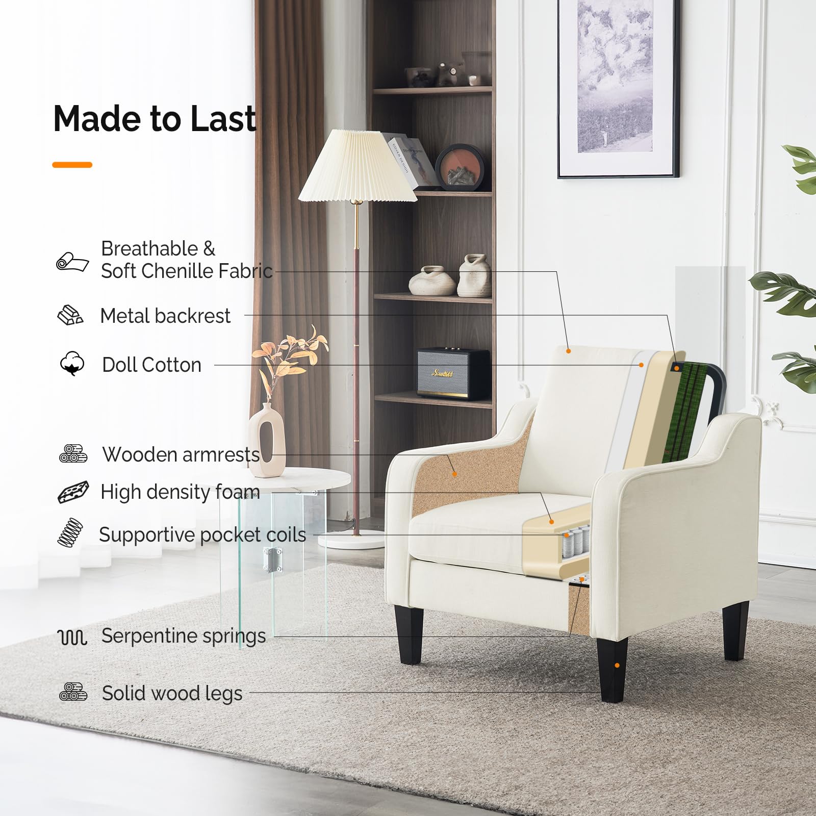 Vingli Accent Chairs For Living Room Arm Chairs Set Of 2 Mid Century Modern Chair Chenille Upholstered Comfy Chair Side Chair For Bedroom, Play Room, Apartment, Office (Creamy White)