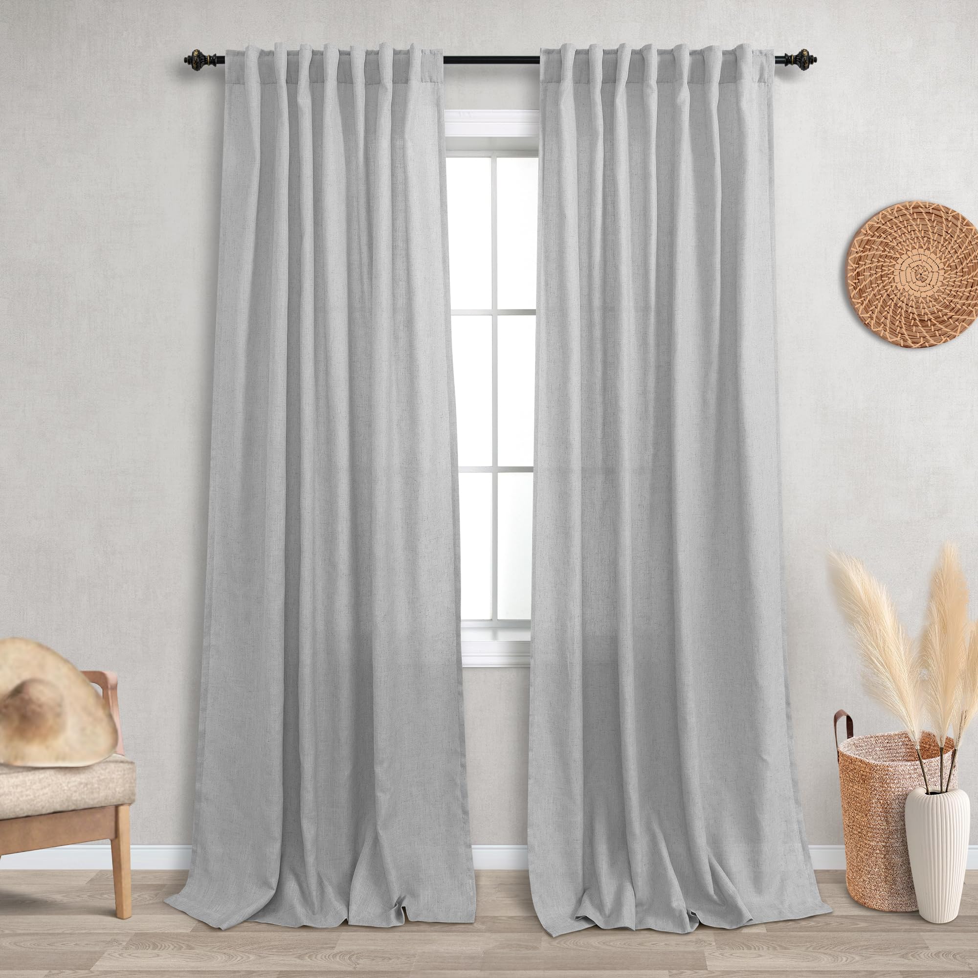 KOUFALL Light Grey Curtains 84 Inch Length for Living Room 2 Panels Set,Sheer Linen Farmhouse Privacy Curtains That Let Light in