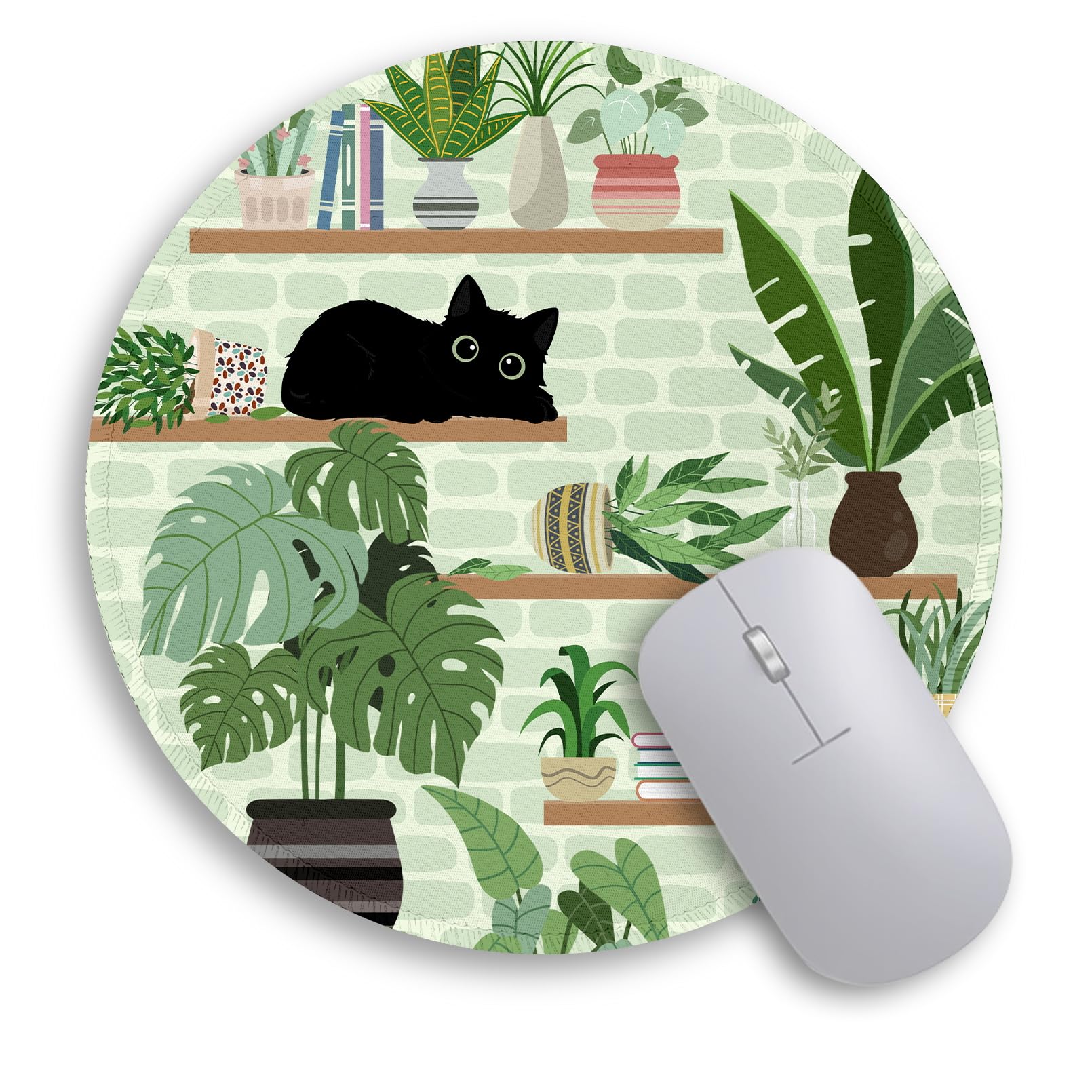 Immaturus Cat Mouse Pad, Cute Small Mouse Pads For Desk, Round Travel Mousepad For Wireless Mouse Gaming Work Laptop, Plant Leav