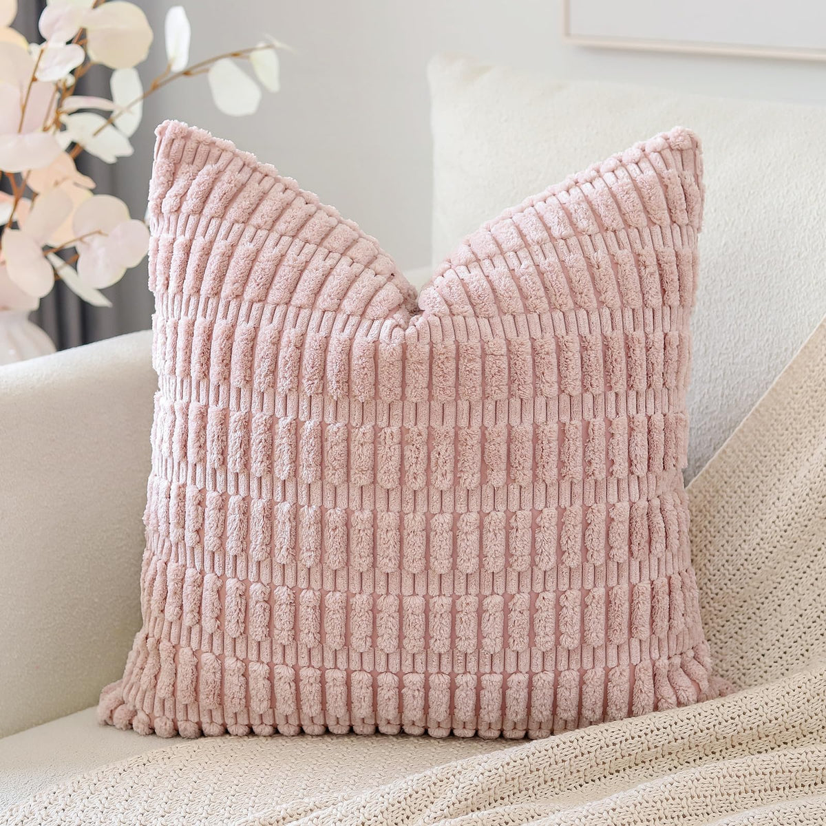 Otostar Corduroy Decorative Throw Pillow Covers 18X18 Inch Super Soft Boho Striped Square Pillow Covers Case Modern Cushion Covers For Sofa Couch Bedroom Car Decor Pink
