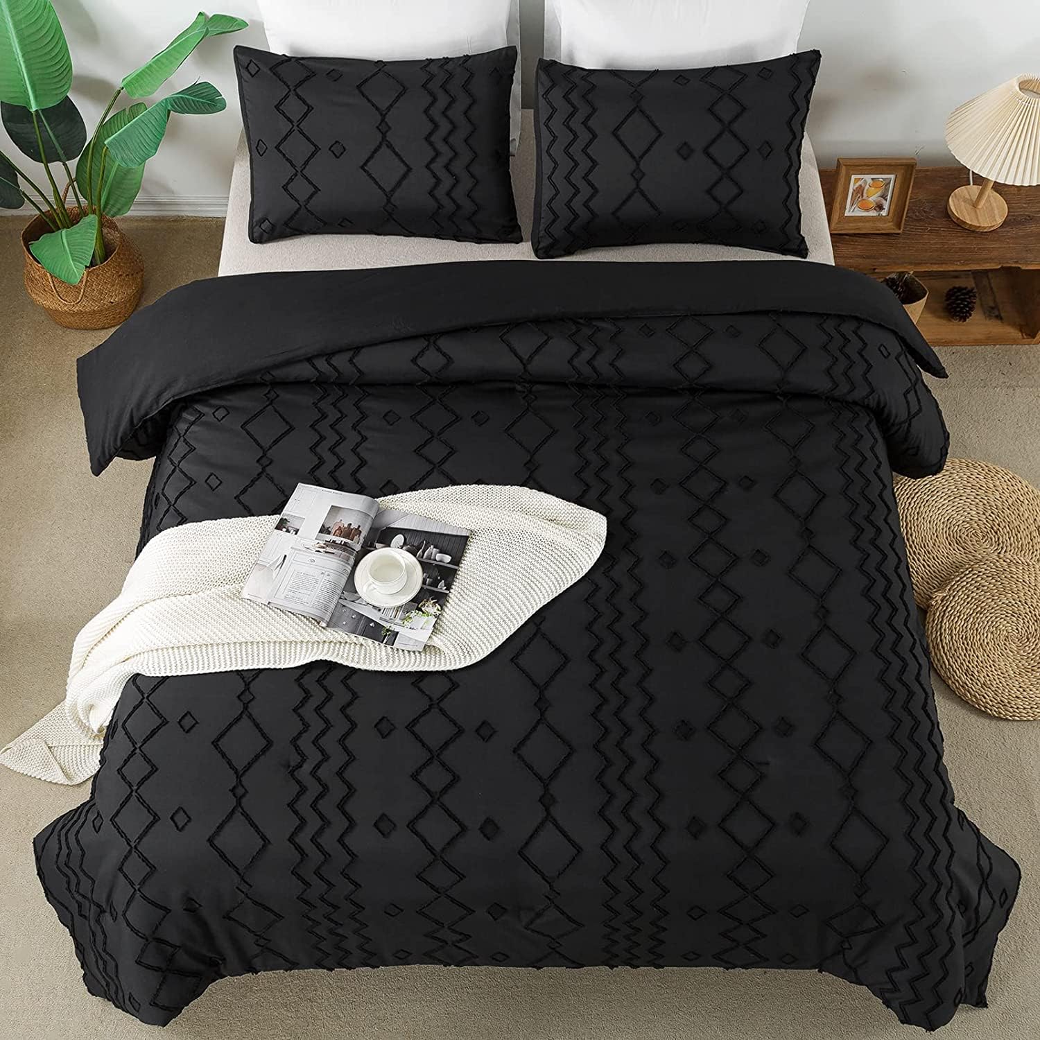 Andency Black Tufted Comforter Set California King(104X96Inch), 3 Pieces(1 Boho Comforter, 2 Pillowcases) Textured Farmhouse Com
