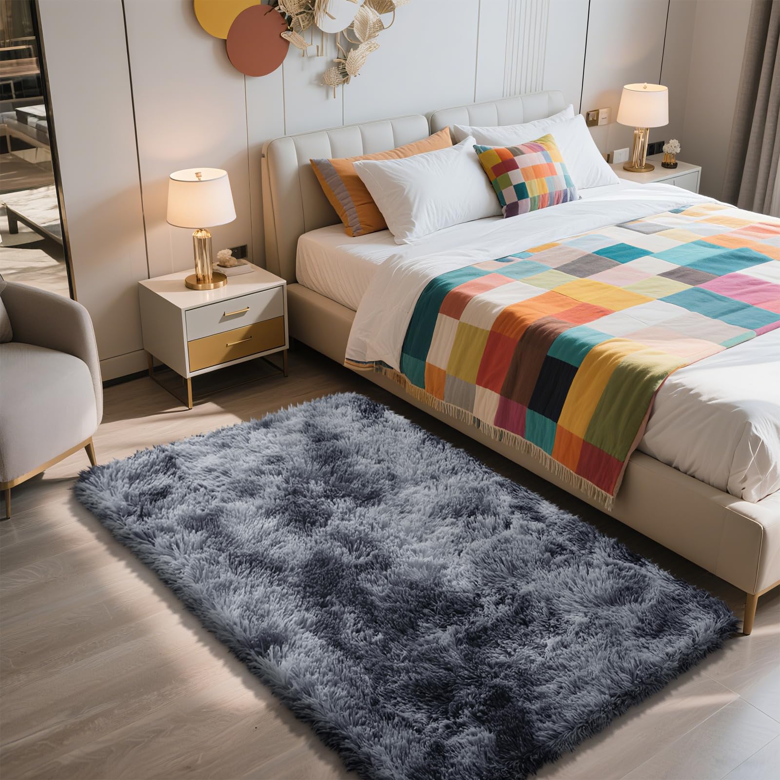 Shag Area Rug for Bedroom 3x5,Tie-Dyed Black Fluffy Area Rugs for Living Room,Soft Fuzzy Rug Non-Shedding Indoor Plush Carpet fo