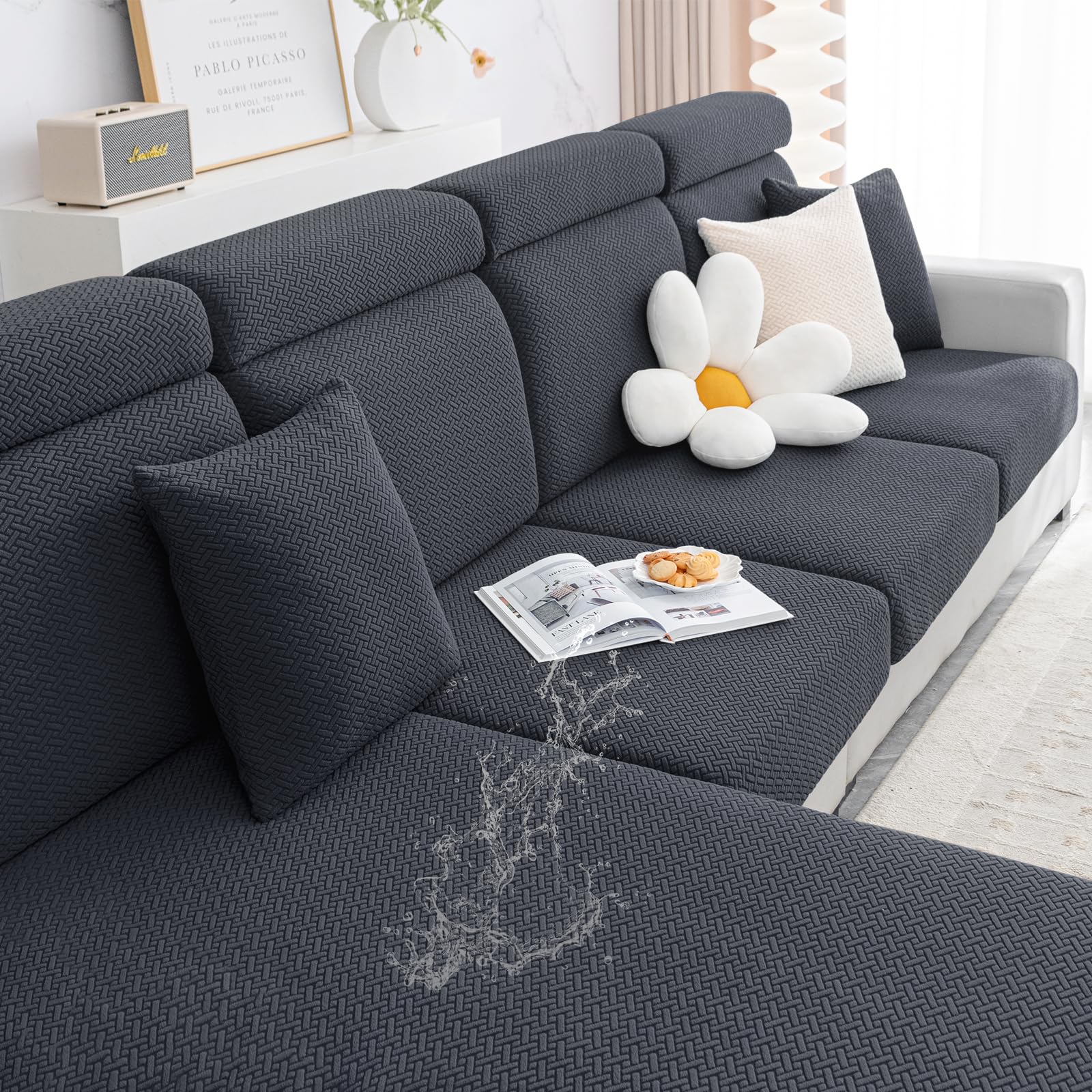 Smiry Waterproof Couch Cushion Covers, Stretch Jacquard Thick Sofa Cushion Covers, Washable Seat Cover Slipcover Elastic Furniture Protector For Pets, Kid (3Pc, Dark Grey)